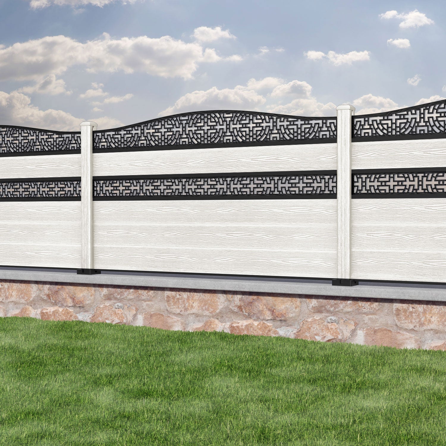Classic Kumo Curved Top Split Screen Fence Panel - Light Stone - with our composite posts