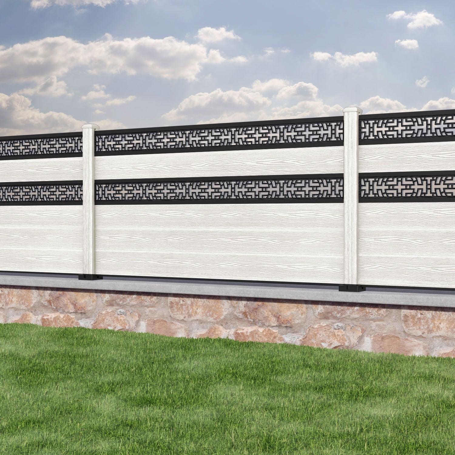 Classic Kumo Split Screen Fence Panel - Light Stone - with our composite posts