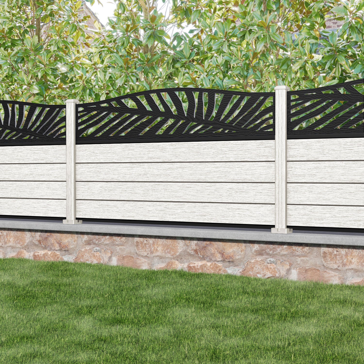 Fusion Palm Curved Top Fence Panel - Light Stone - with our composite posts
