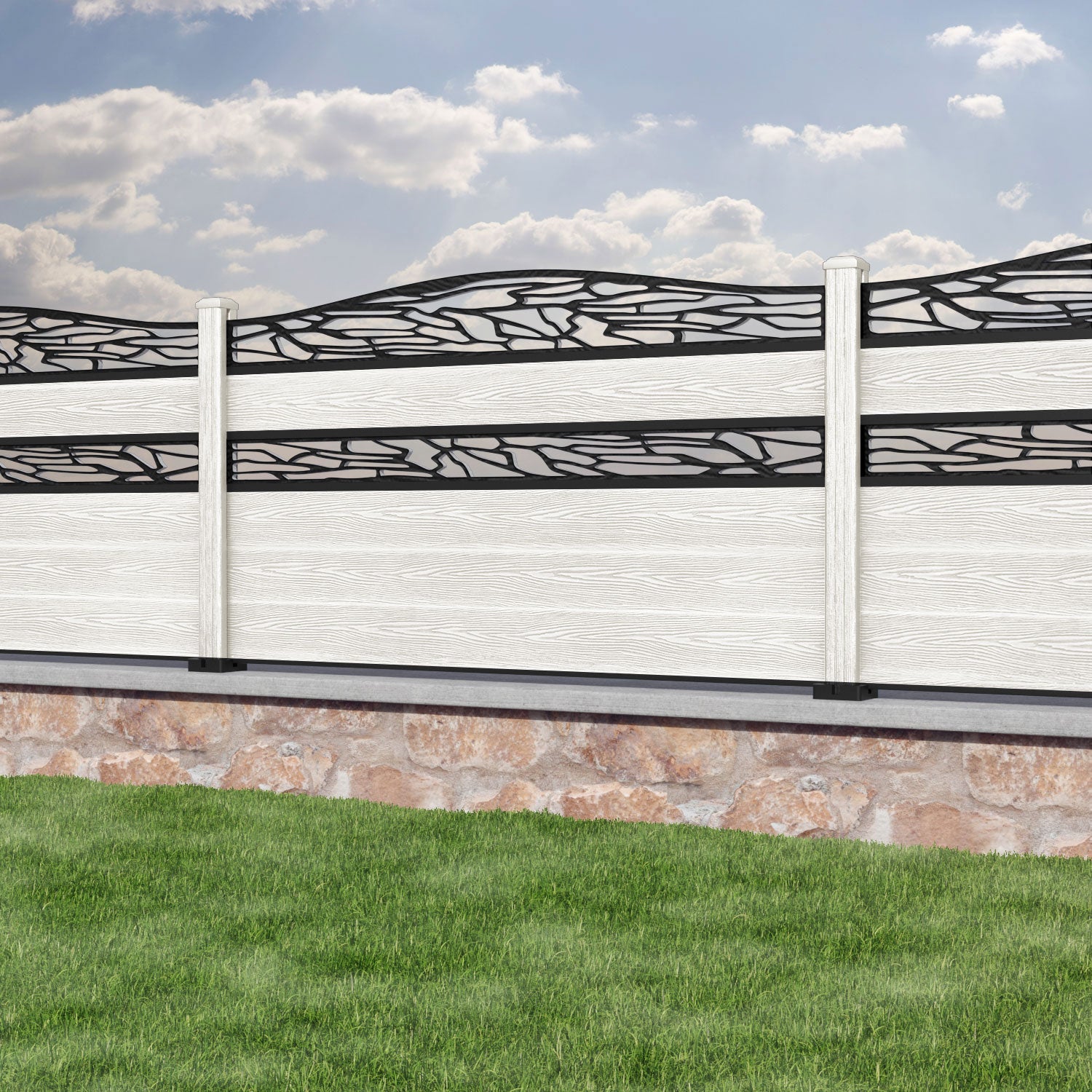 Classic Shatter Curved Top Split Screen Fence Panel - Light Stone - with our composite posts