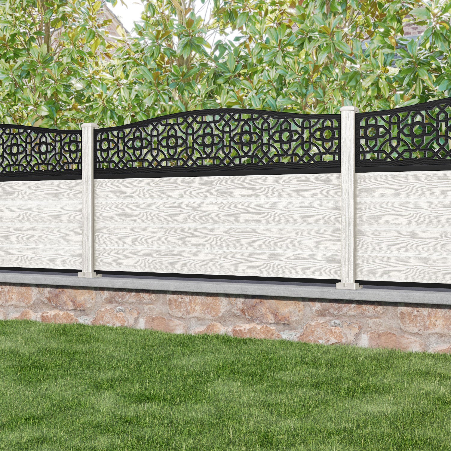 Classic Nabila Curved Top Fence Panel - Light Stone - with our composite posts
