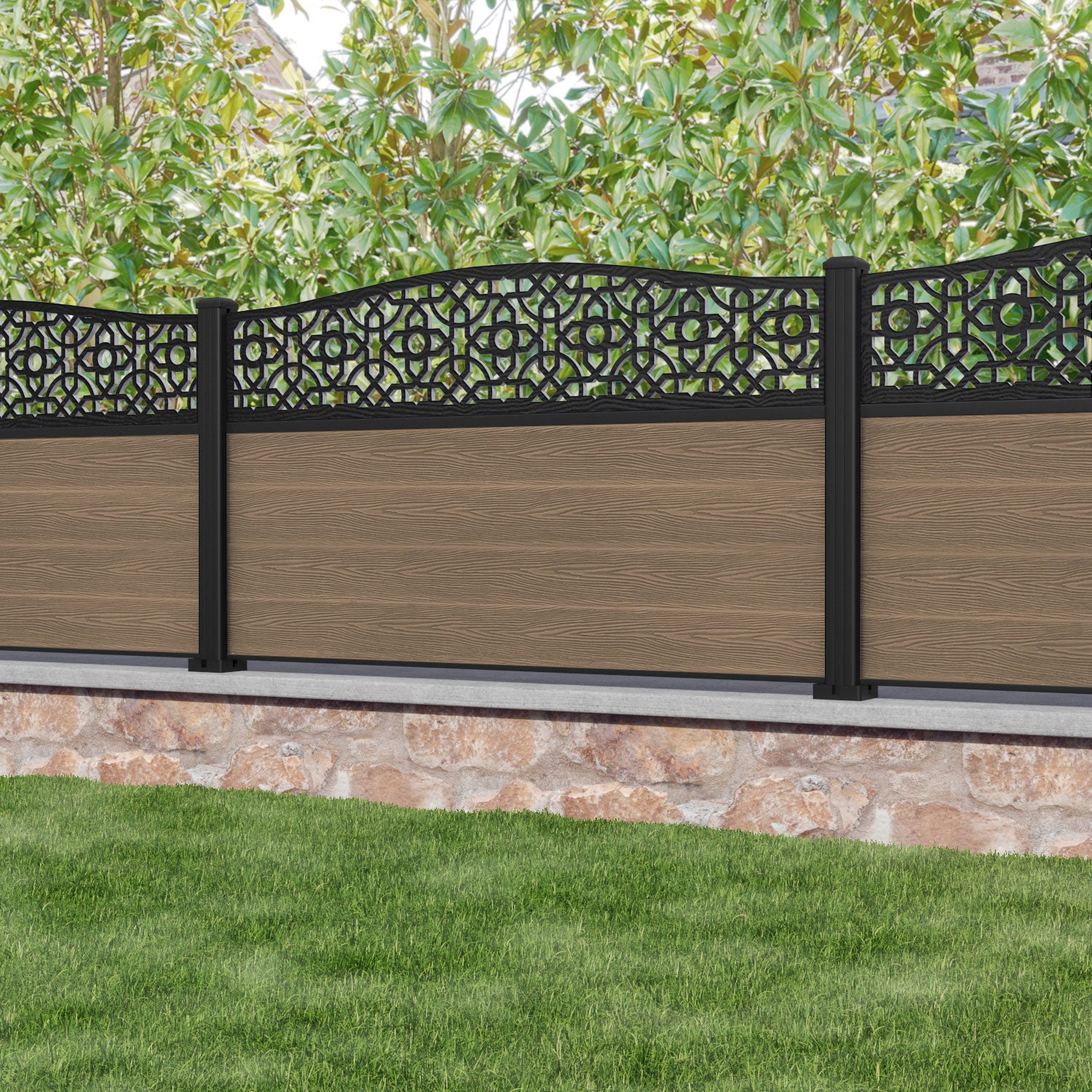Classic Nabila Curved Top Fence Panel - Teak - with our aluminium posts