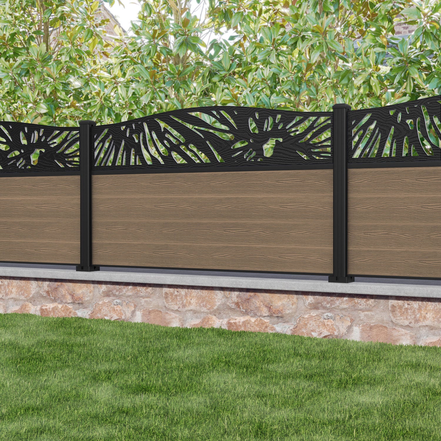 Classic Poppy Curved Top Fence Panel - Teak - with our aluminium posts