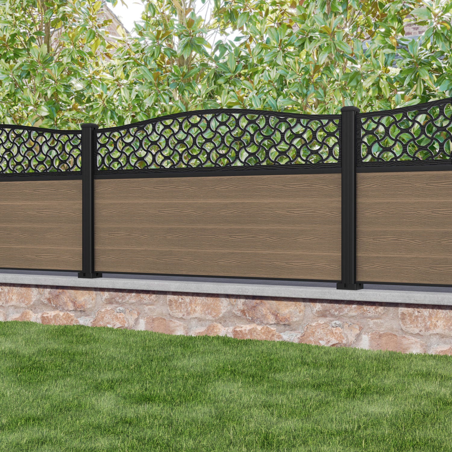 Classic Vida Curved Top Fence Panel - Teak - with our aluminium posts