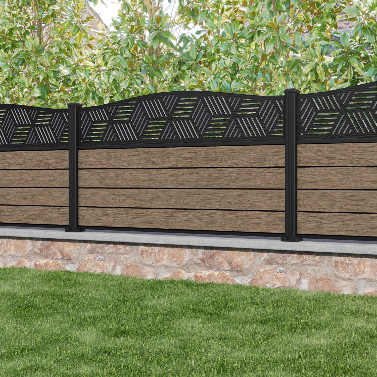 Fusion Cubed Curved Top Fence Panel - Teak - with our aluminium posts