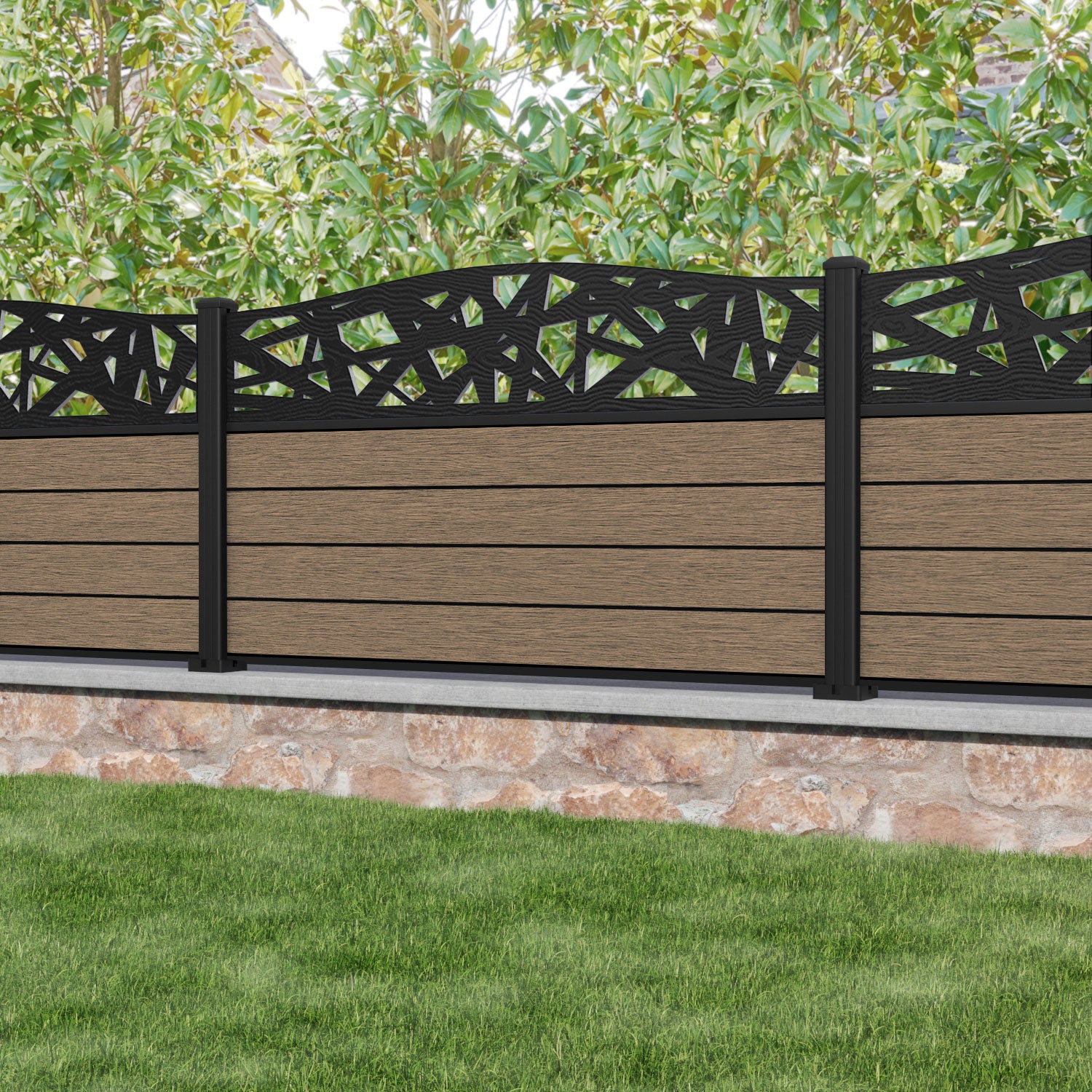 Fusion Prism Curved Top Fence Panel - Teak - with our aluminium posts