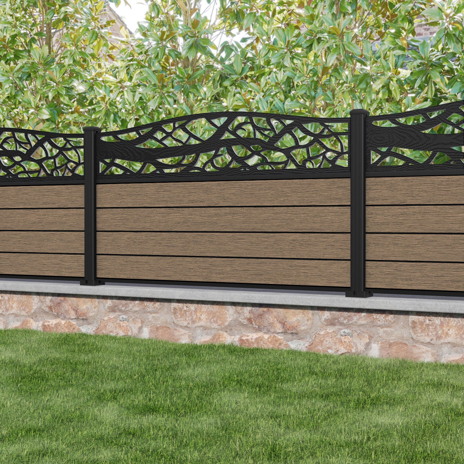 Fusion Twilight Curved Top Fence Panel - Teak - with our aluminium posts