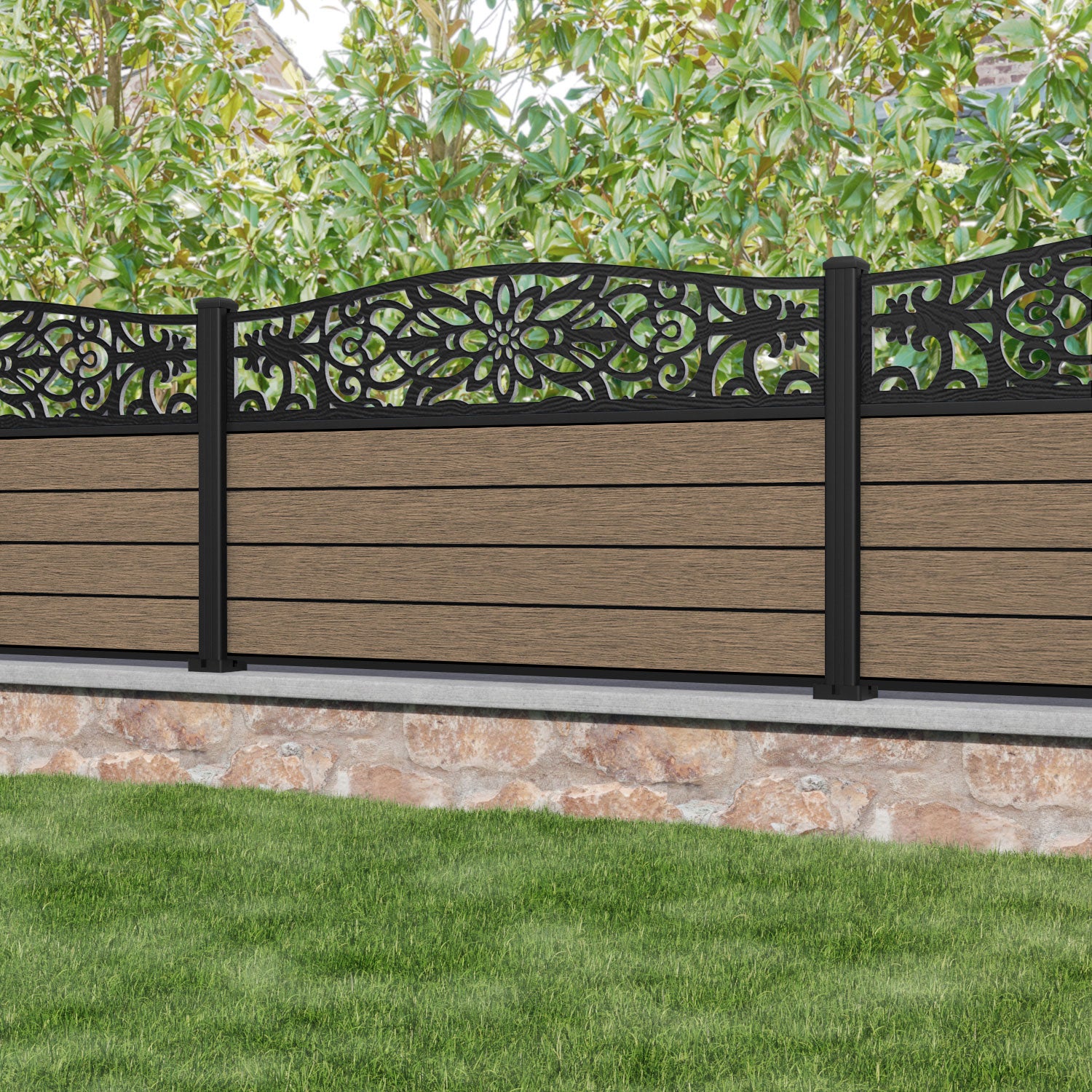 Fusion Windsor Curved Top Fence Panel - Teak - with our aluminium posts