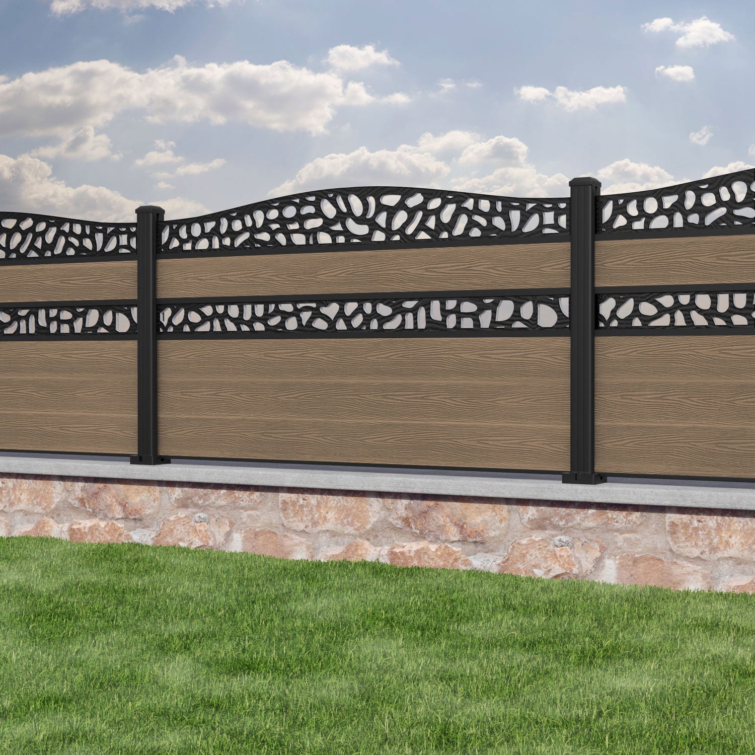 Classic Pebble Curved Top Split Screen Fence Panel - Teak - with our aluminium posts