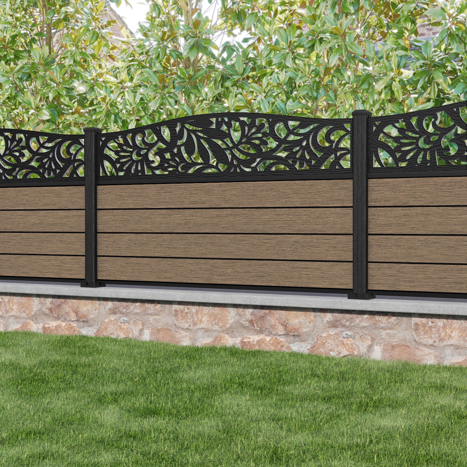 Fusion Heritage Curved Top Fence Panel - Teak - with our composite posts
