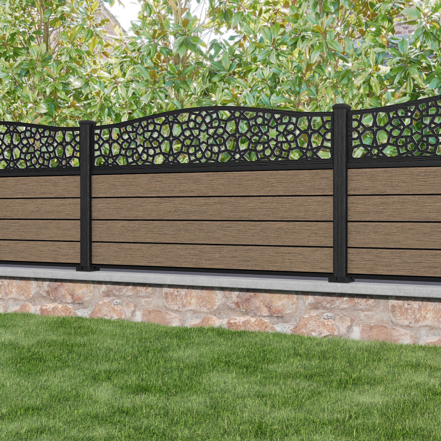 Fusion Nazira Curved Top Fence Panel - Teak - with our composite posts