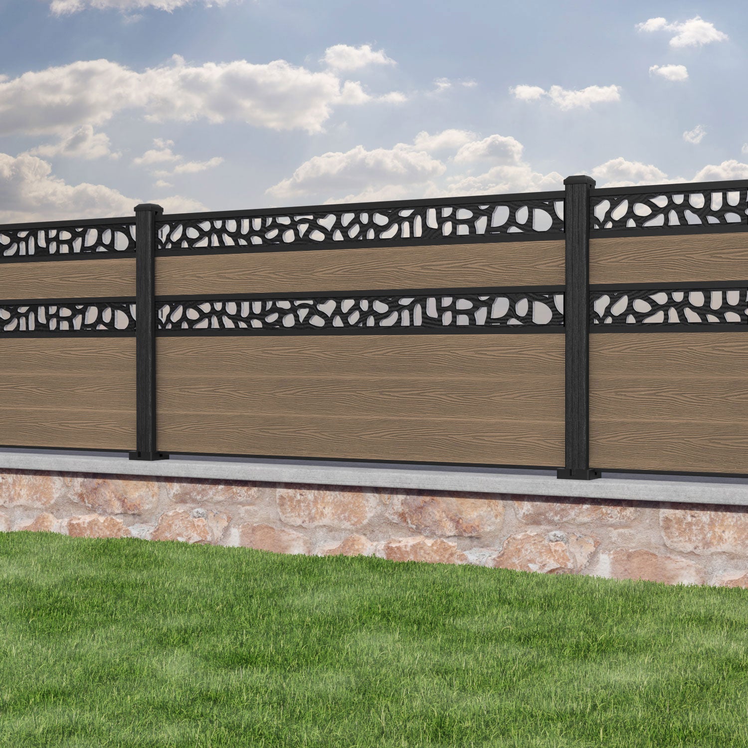 Classic Pebble Split Screen Fence Panel - Teak - with our composite posts