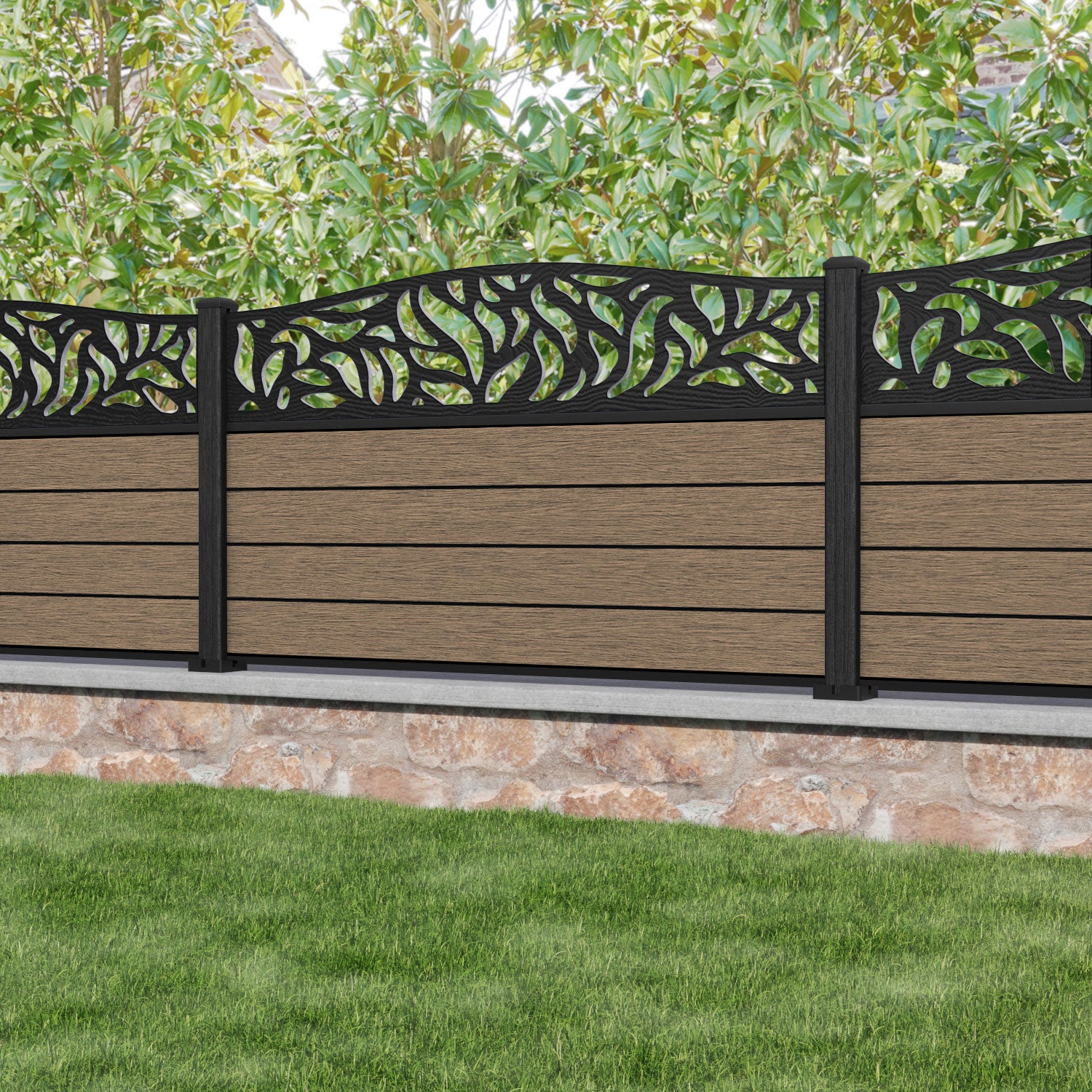 Fusion Plume Curved Top Fence Panel - Teak - with our composite posts