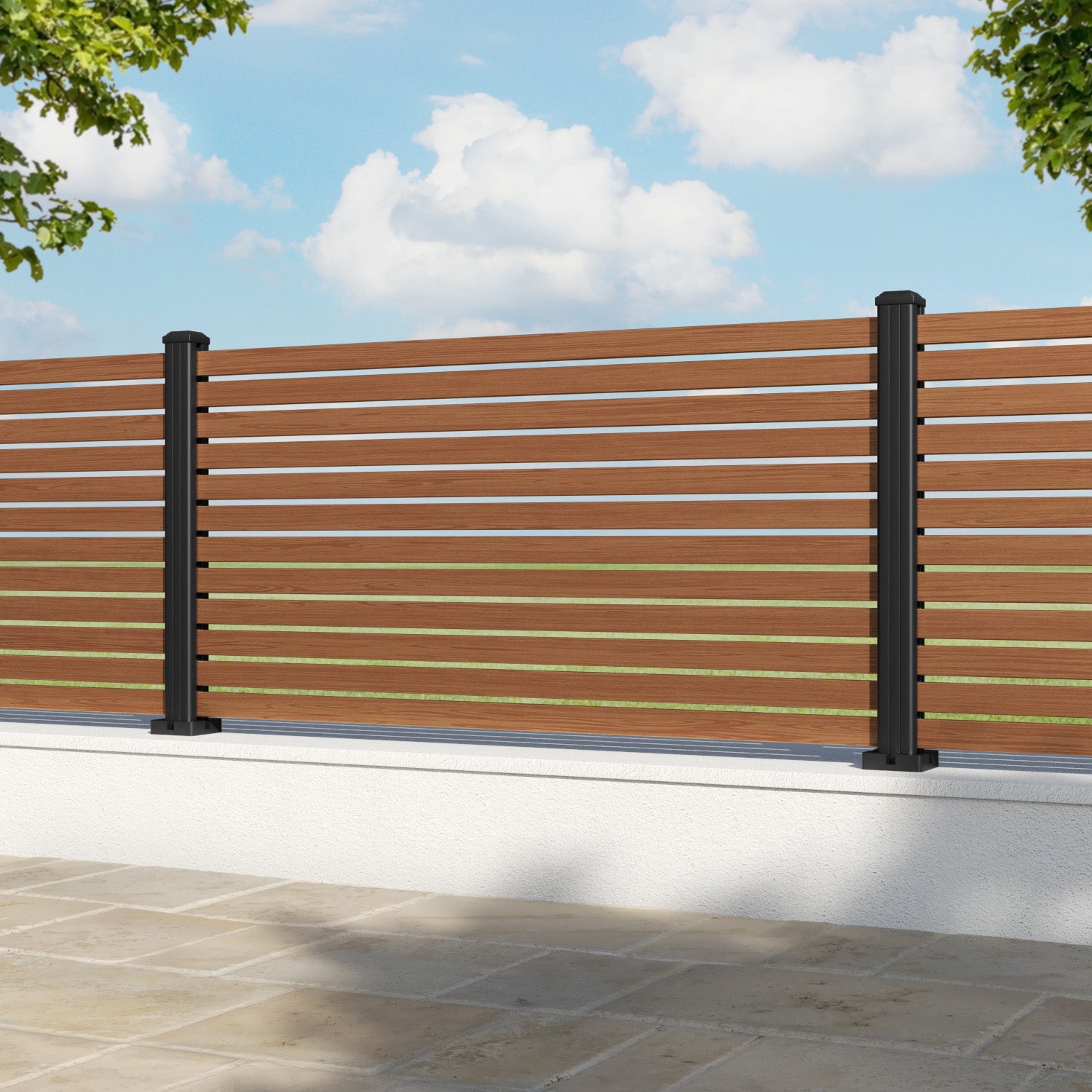 Aria Aluminium Fence Panel - Teak - with our aluminium posts
