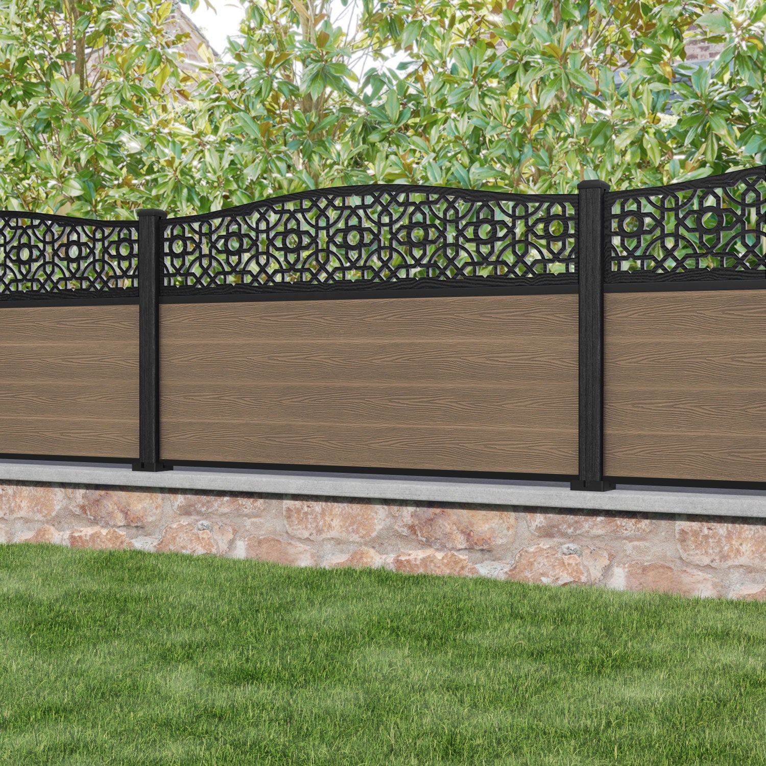 Classic Nabila Curved Top Fence Panel - Teak - with our composite posts
