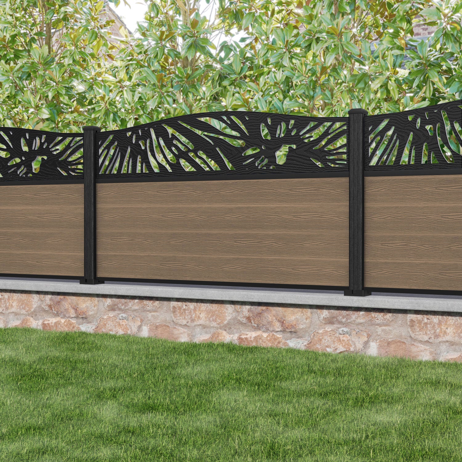 Classic Poppy Curved Top Fence Panel - Teak - with our composite posts