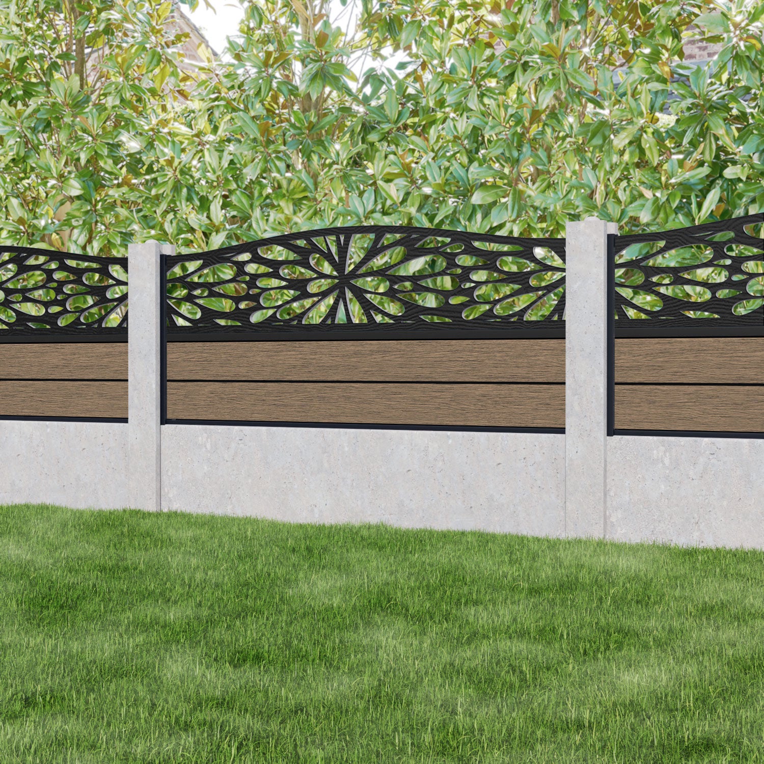 Fusion Blossom Curved Top Fence Panel - Teak - for existing concrete posts