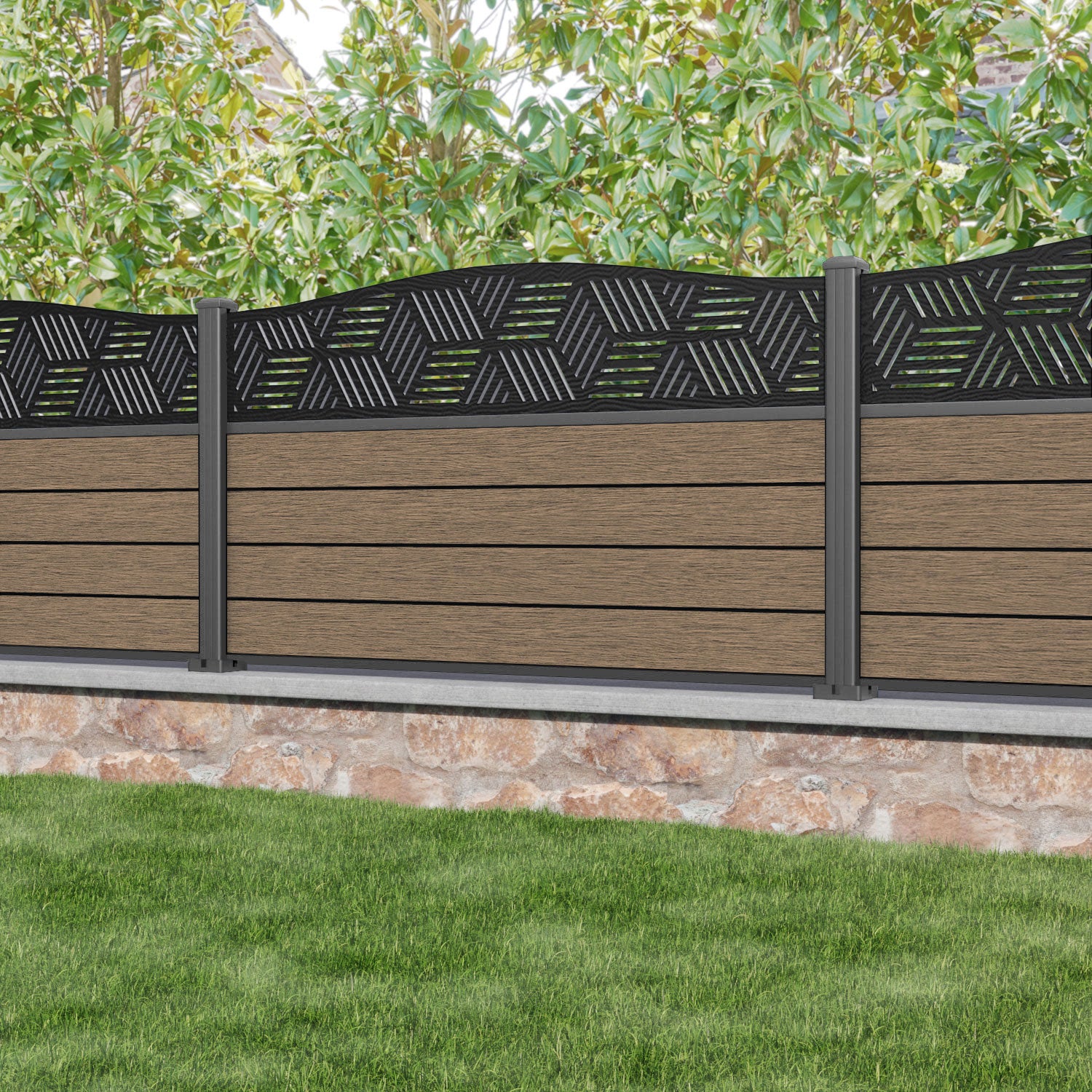 Fusion Cubed Curved Top Fence Panel - Teak - with our aluminium posts
