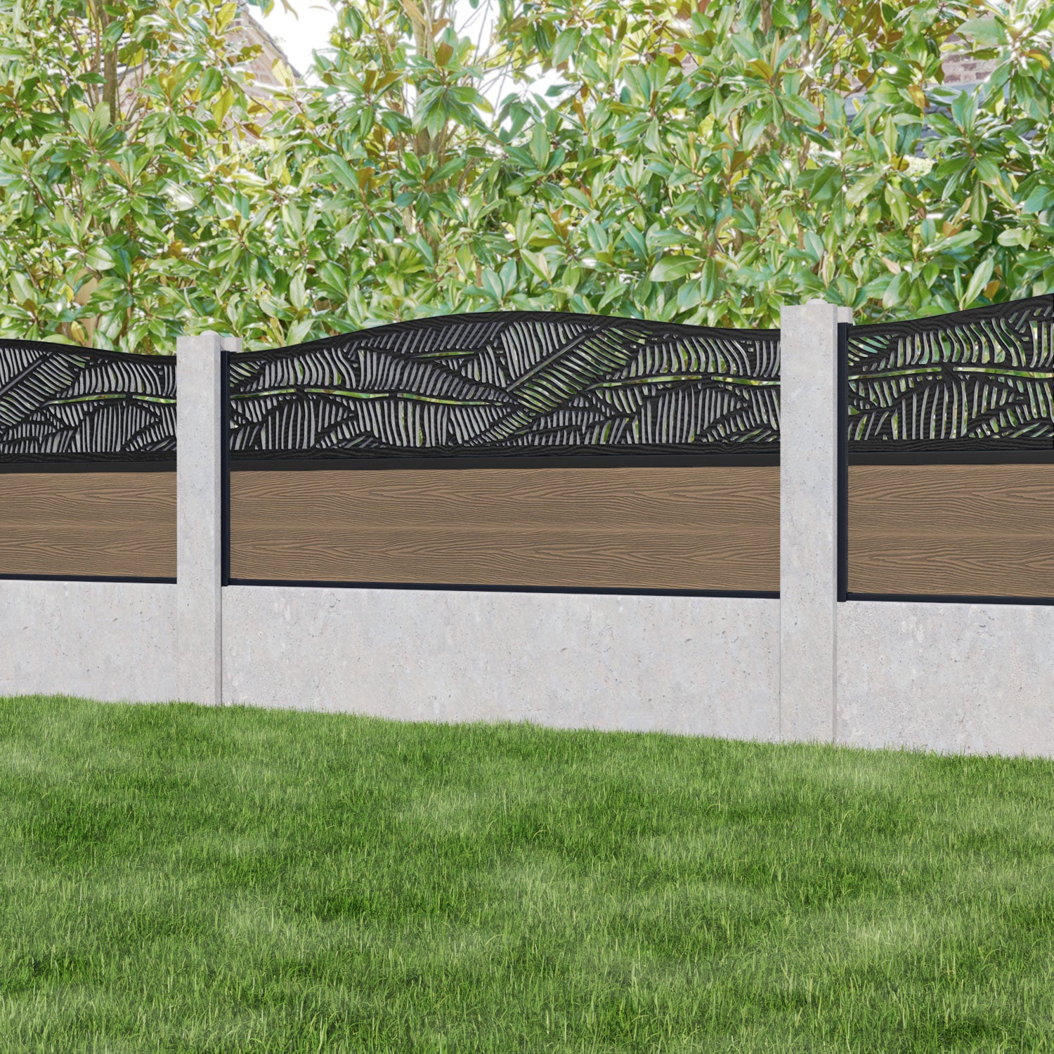 Classic Feather Curved Top Fence Panel - Teak - for existing concrete posts