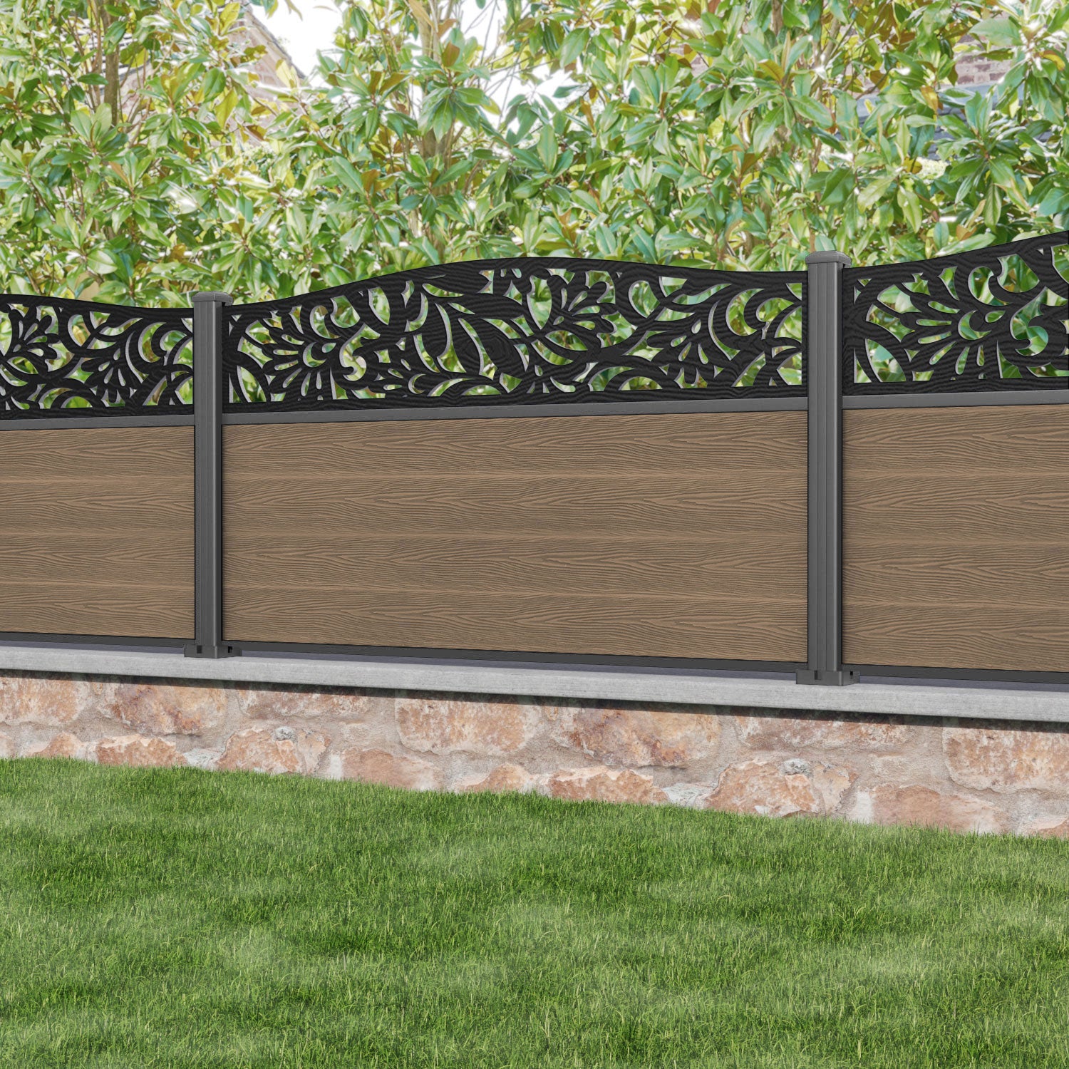Classic Heritage Curved Top Fence Panel - Teak - with our aluminium posts