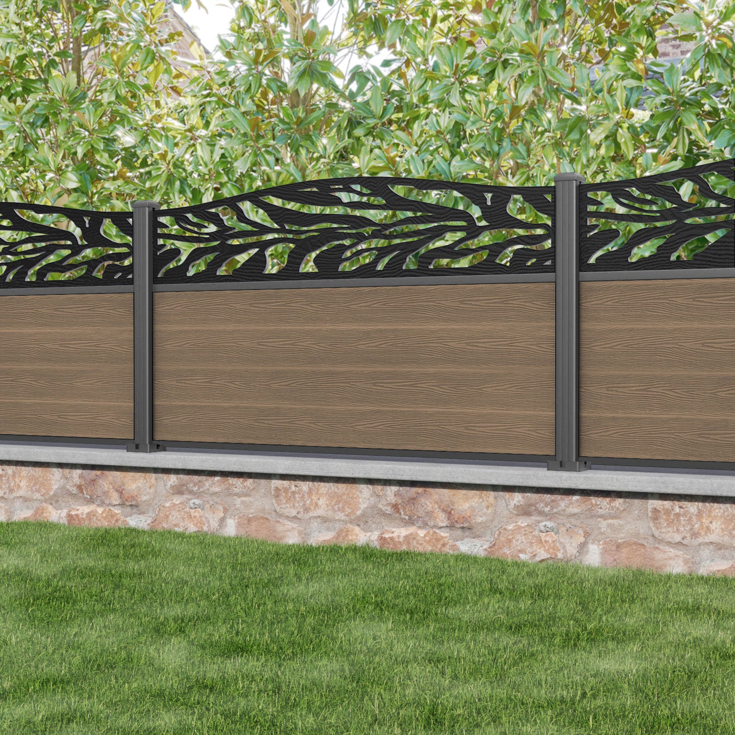 Classic Malawi Curved Top Fence Panel - Teak - with our aluminium posts