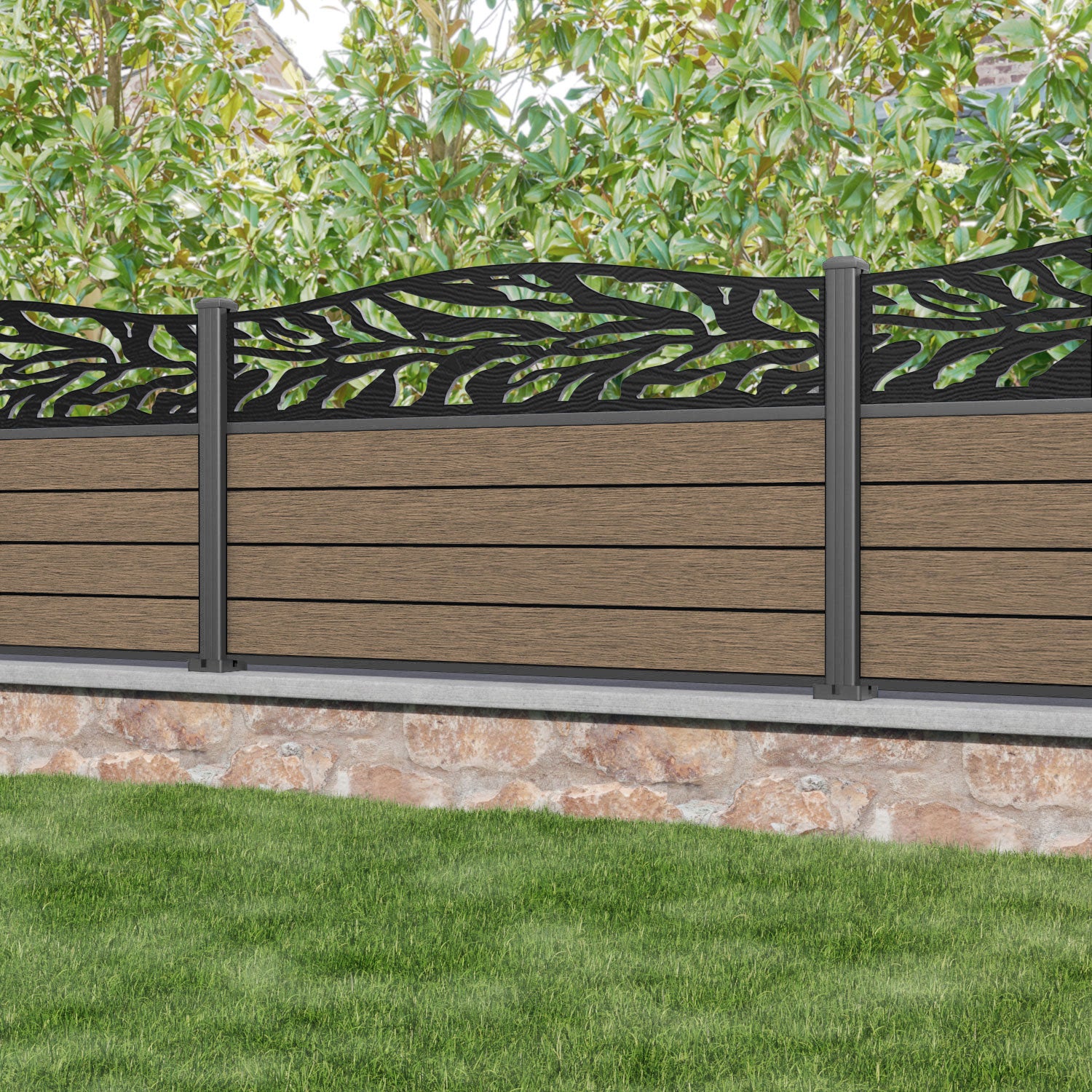 Fusion Malawi Curved Top Fence Panel - Teak - with our aluminium posts