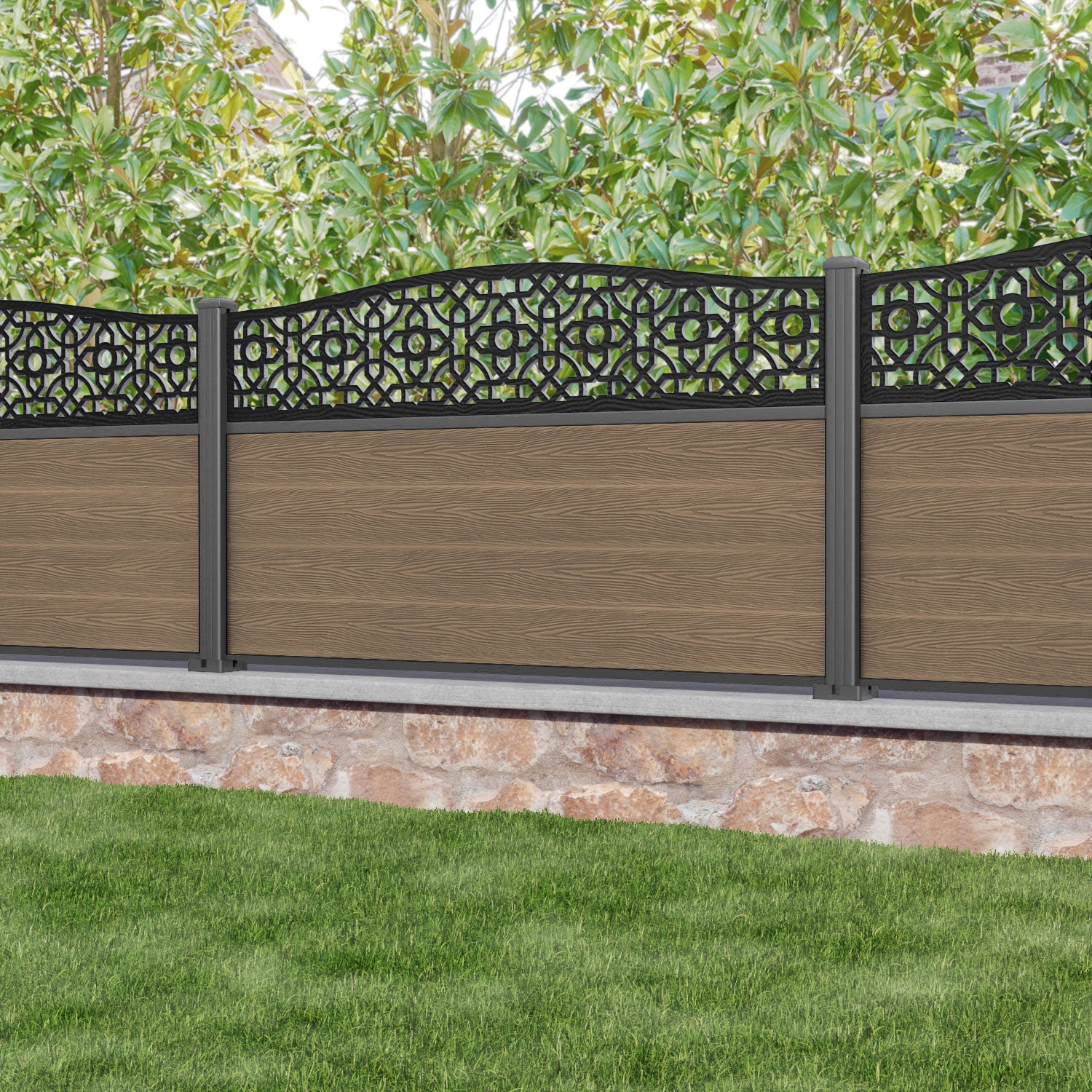 Classic Nabila Curved Top Fence Panel - Teak - with our aluminium posts