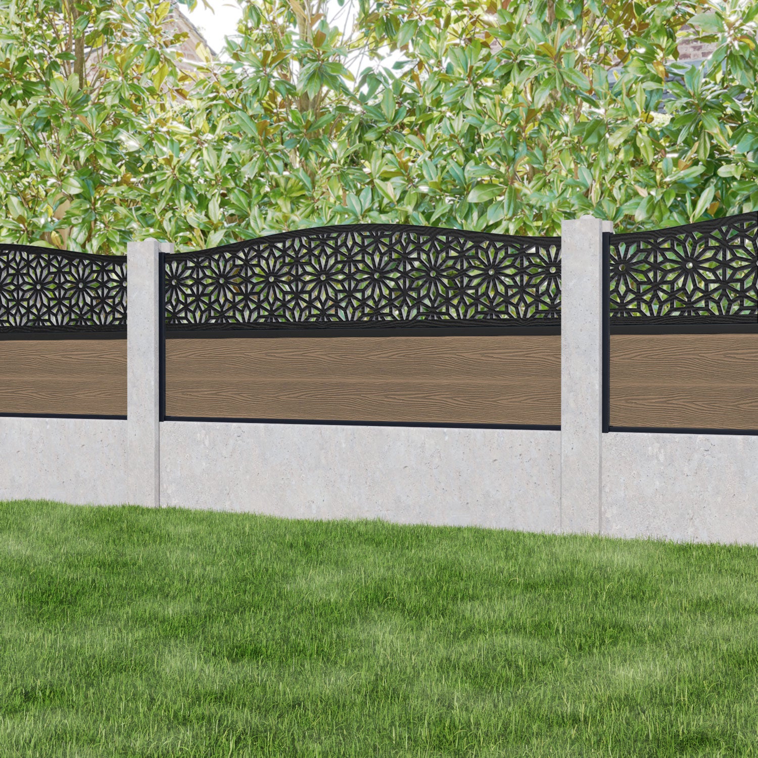 Classic Narwa Curved Top Fence Panel - Teak - for existing concrete posts