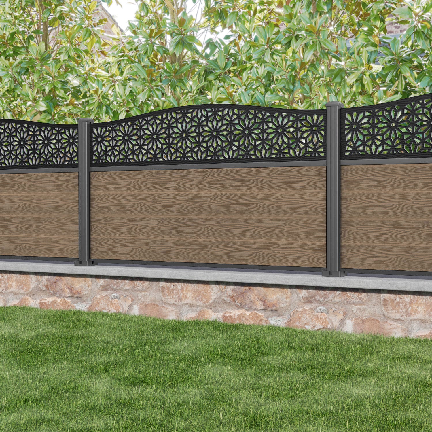 Classic Narwa Curved Top Fence Panel - Teak - with our aluminium posts