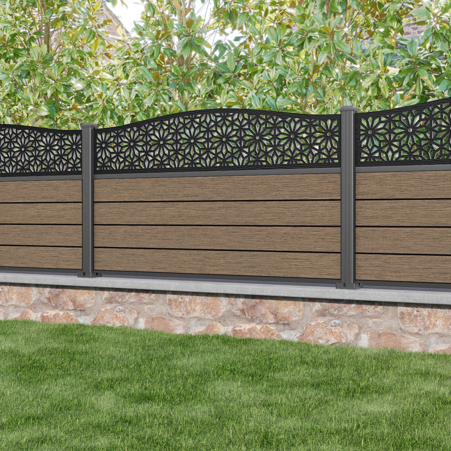 Fusion Narwa Curved Top Fence Panel - Teak - with our aluminium posts