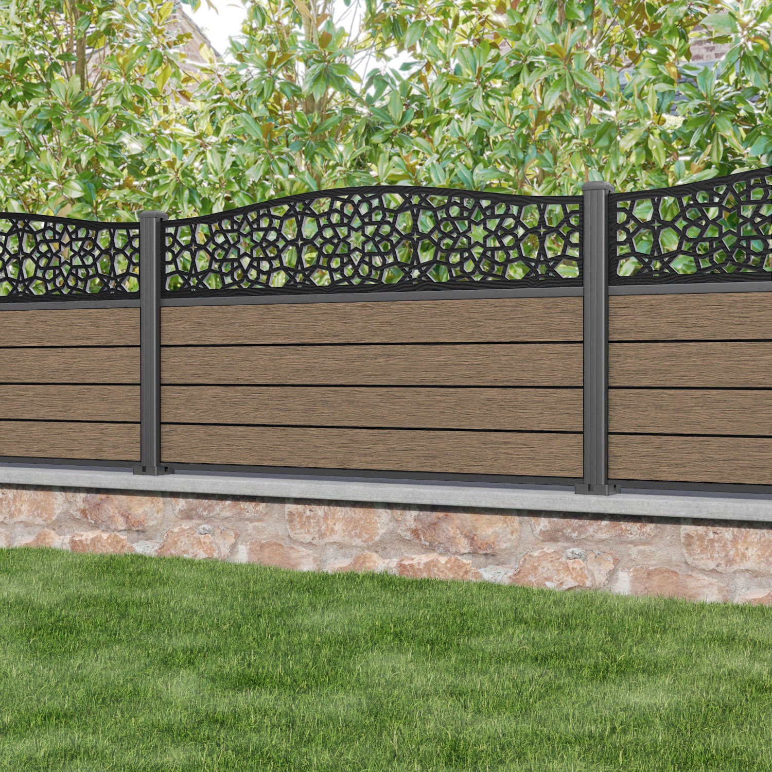 Fusion Nazira Curved Top Fence Panel - Teak - with our aluminium posts