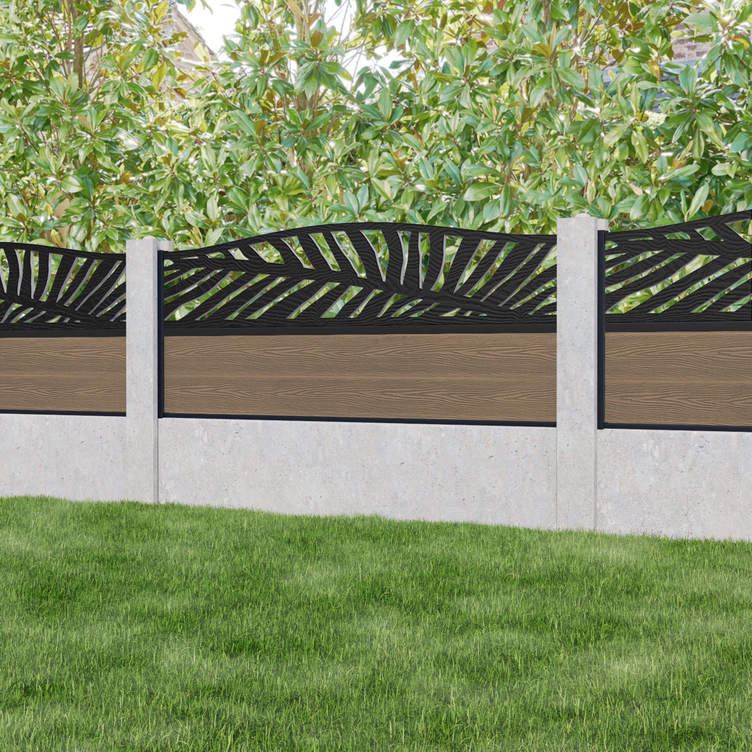 Classic Palm Curved Top Fence Panel - Teak - for existing concrete posts