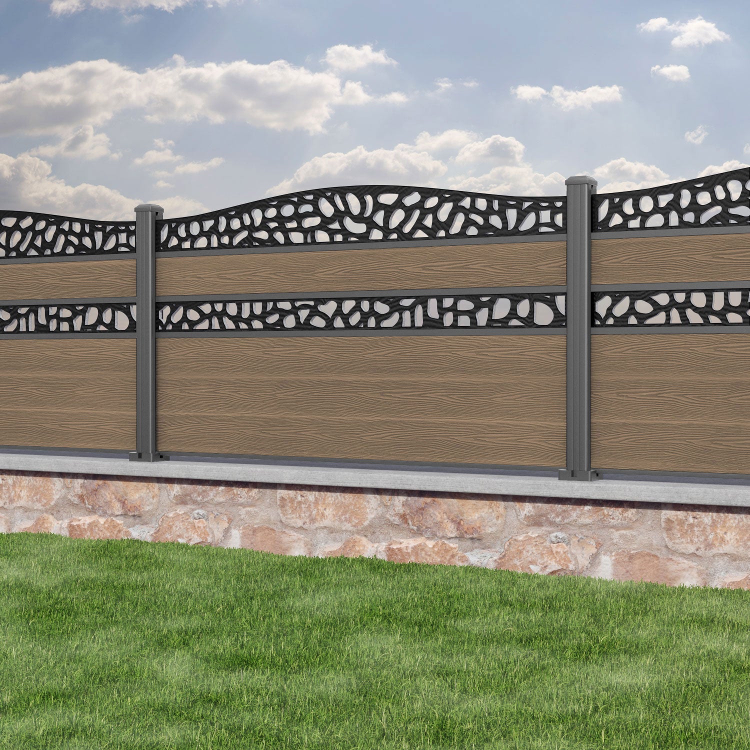 Classic Pebble Curved Top Split Screen Fence Panel - Teak - with our aluminium posts