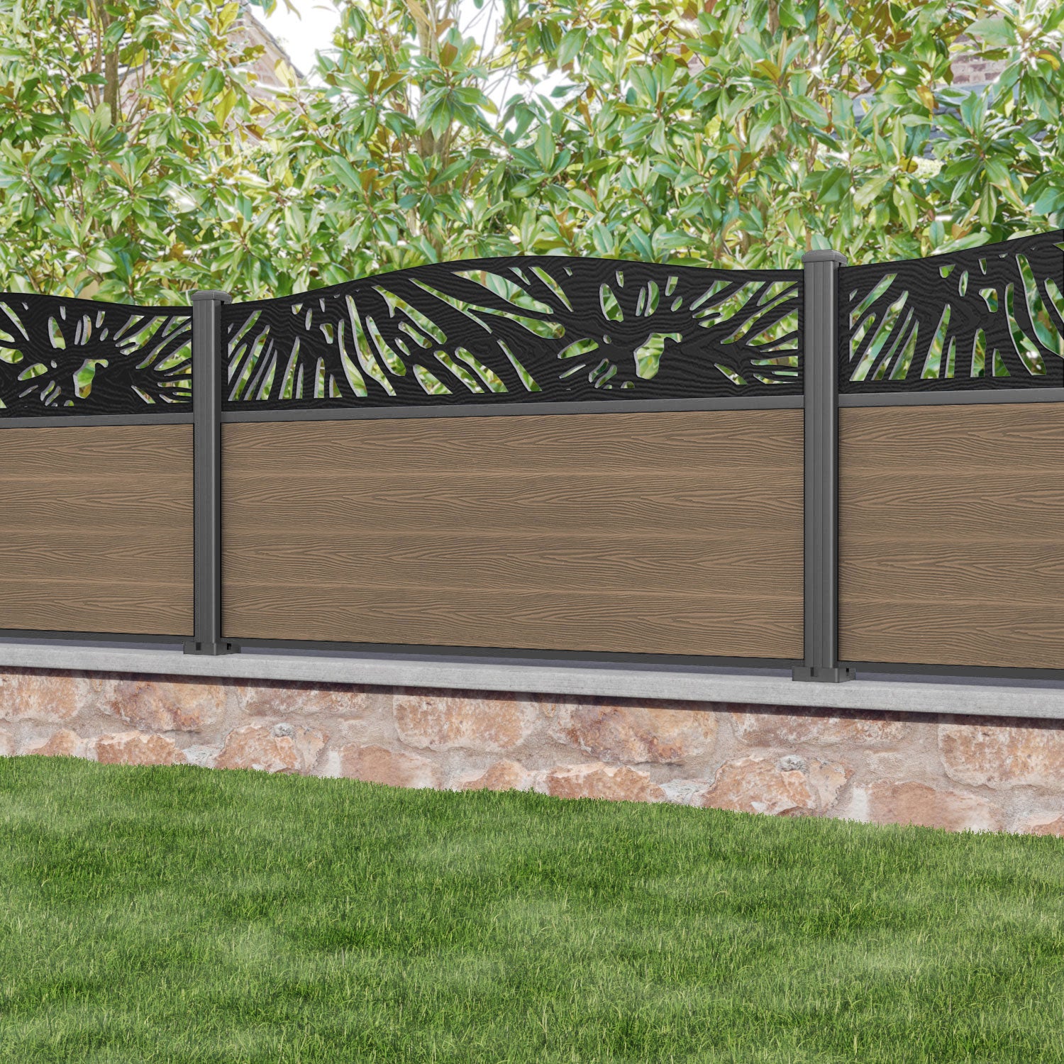 Classic Poppy Curved Top Fence Panel - Teak - with our aluminium posts