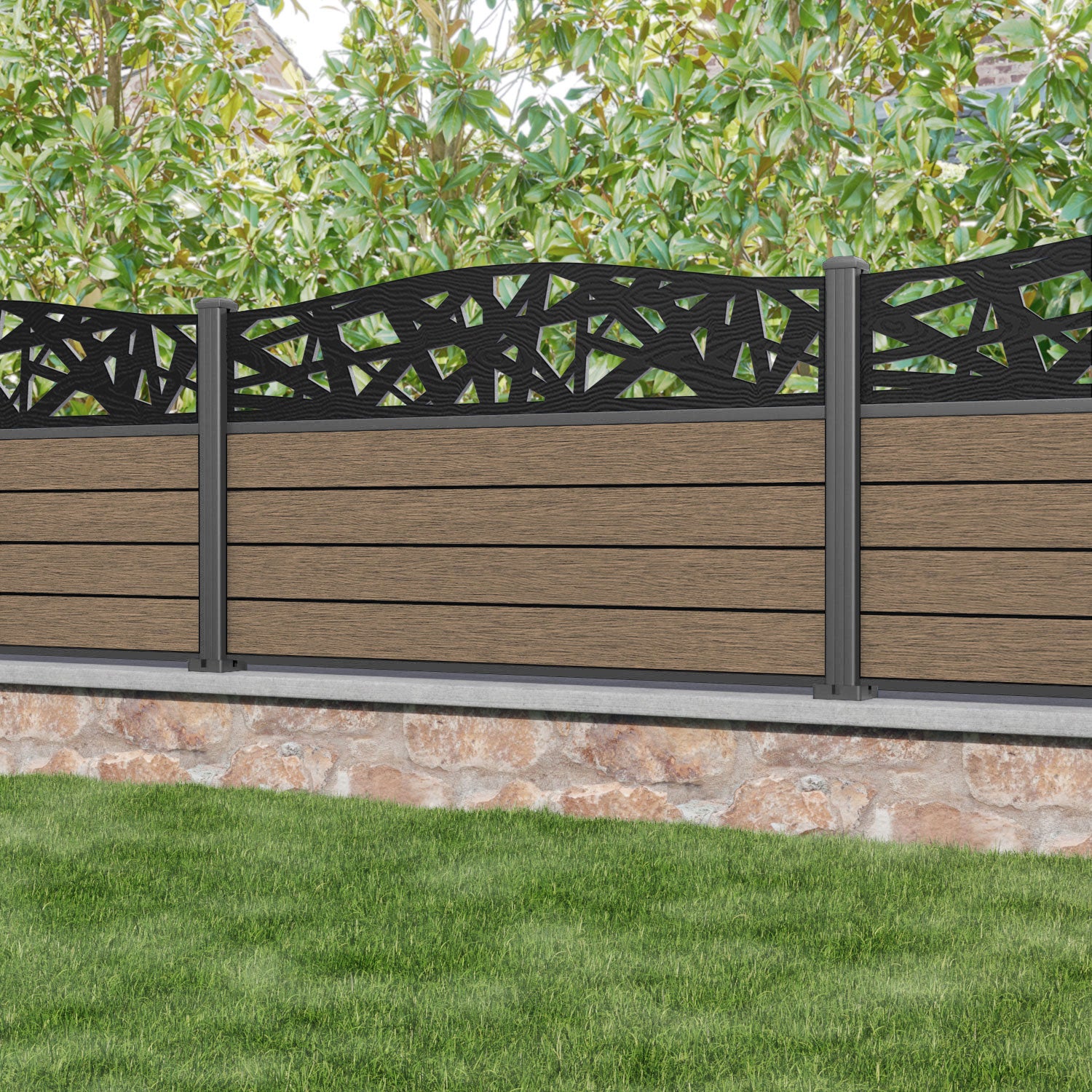 Fusion Prism Curved Top Fence Panel - Teak - with our aluminium posts