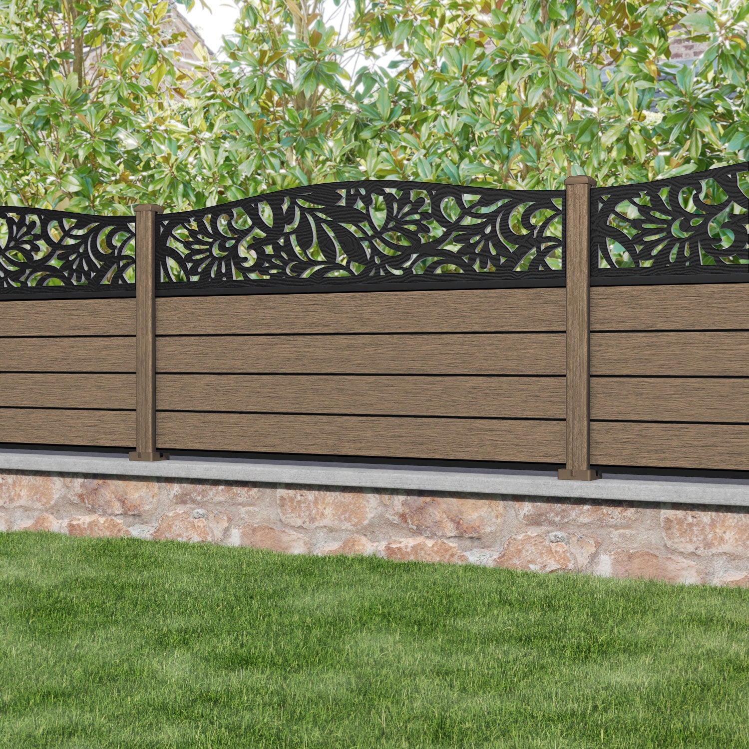 Fusion Heritage Curved Top Fence Panel - Teak - with our composite posts