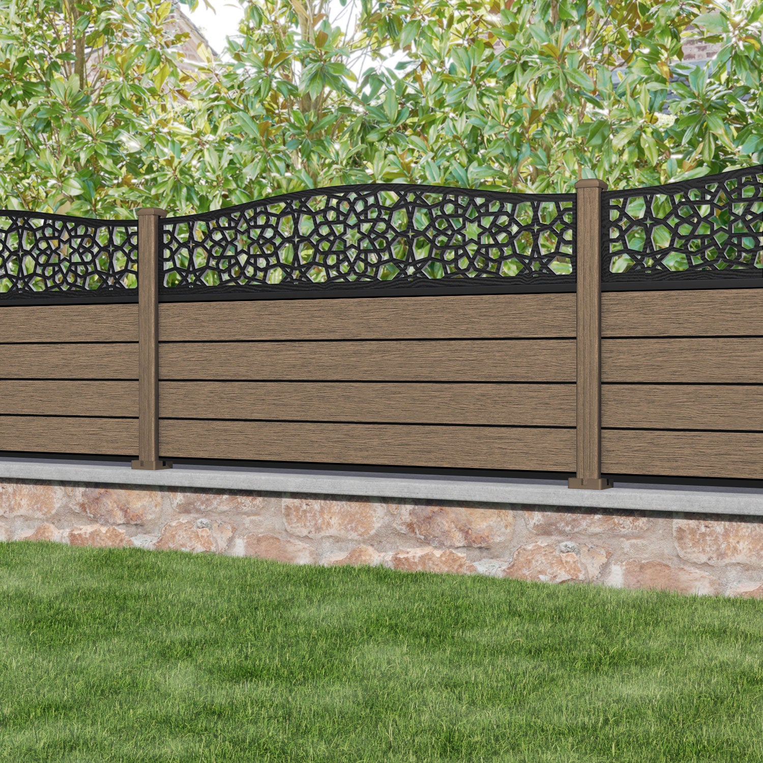 Fusion Nazira Curved Top Fence Panel - Teak - with our composite posts