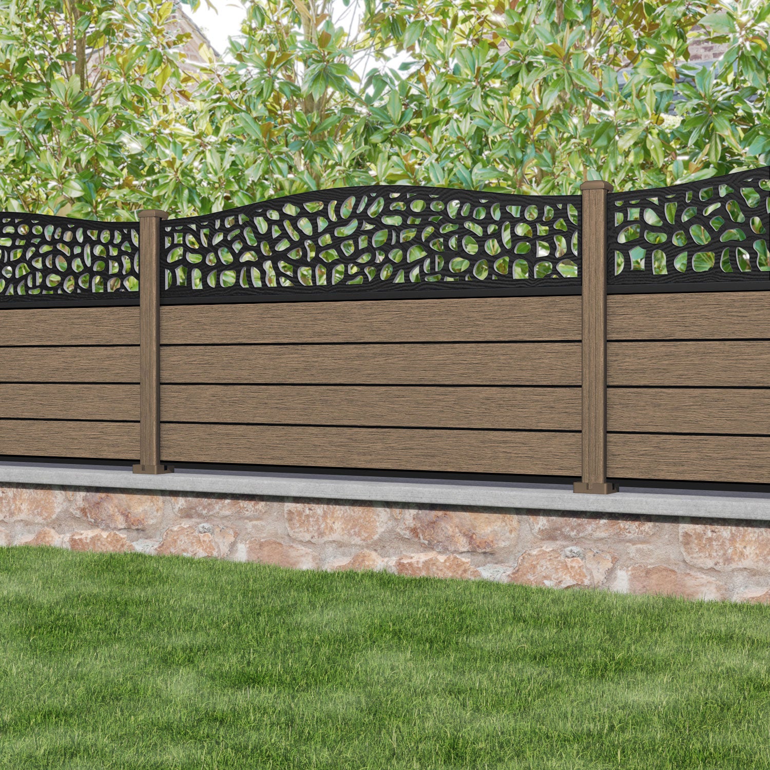 Fusion Pebble Curved Top Fence Panel - Teak - with our composite posts