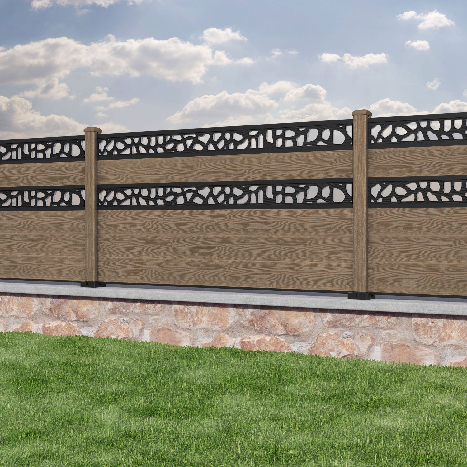 Classic Pebble Split Screen Fence Panel - Teak - with our composite posts