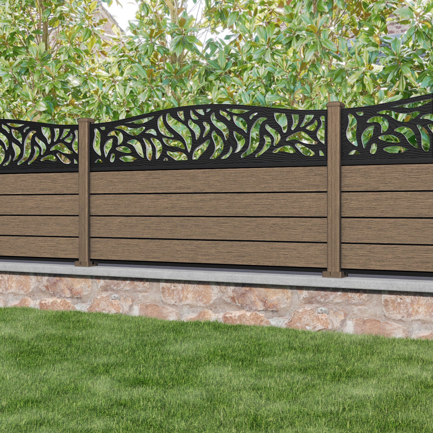 Fusion Plume Curved Top Fence Panel - Teak - with our composite posts