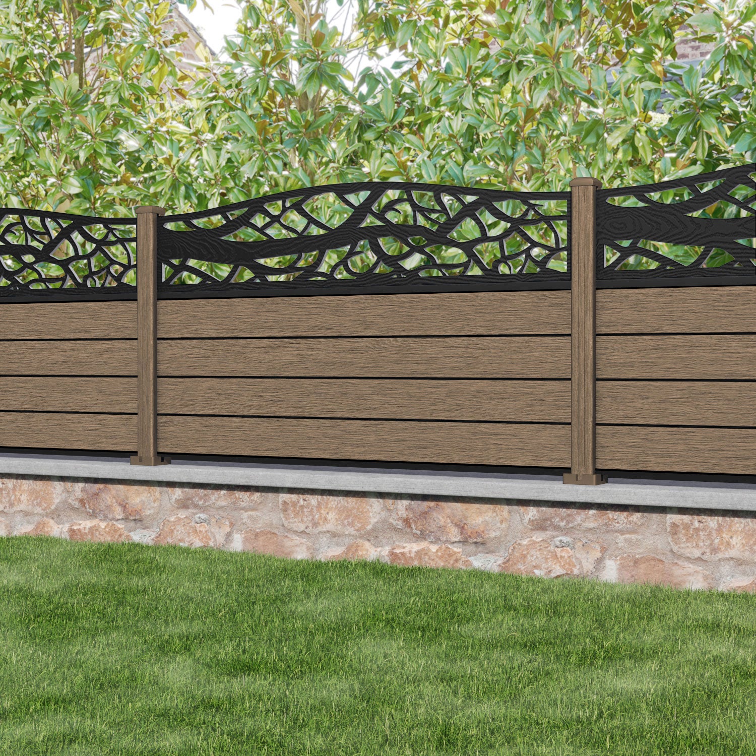 Fusion Twilight Curved Top Fence Panel - Teak - with our composite posts