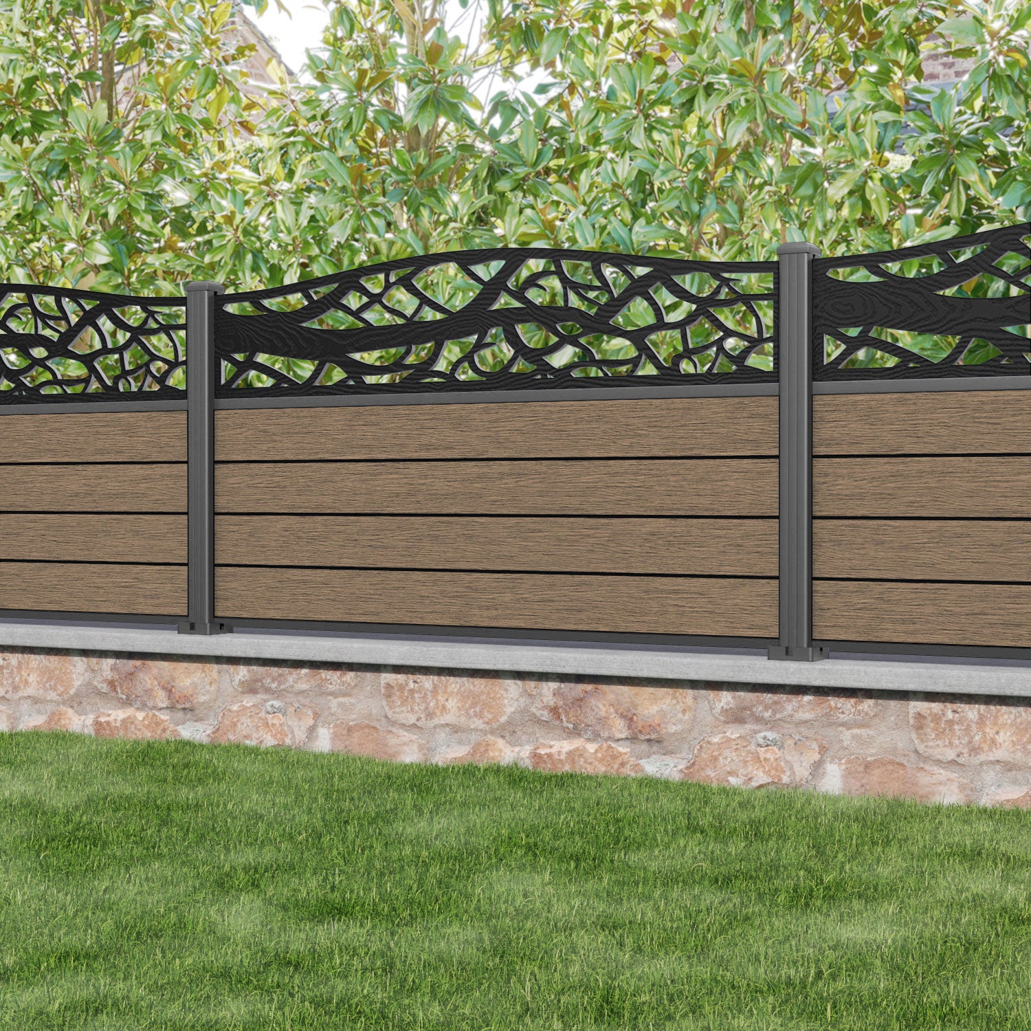 Fusion Twilight Curved Top Fence Panel - Teak - with our aluminium posts
