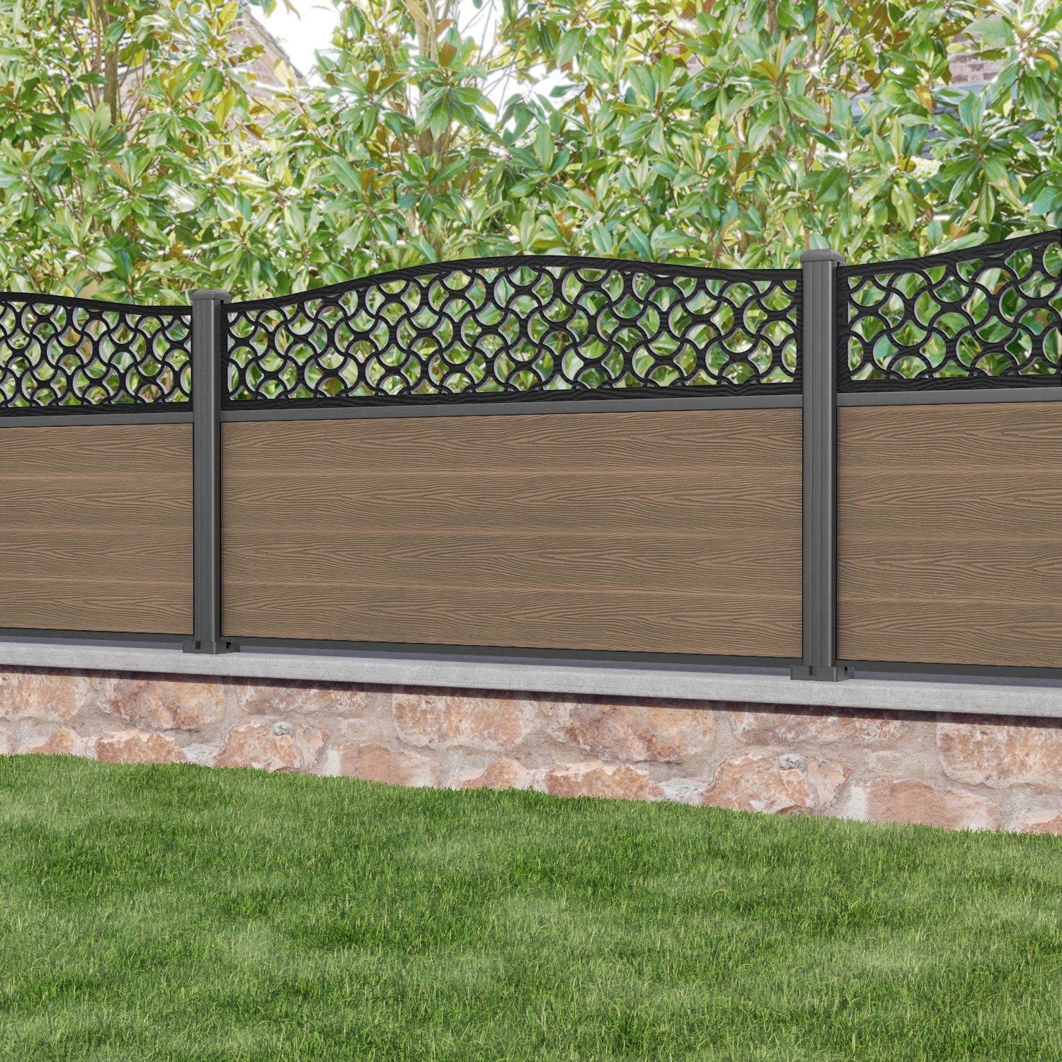 Classic Vida Curved Top Fence Panel - Teak - with our aluminium posts