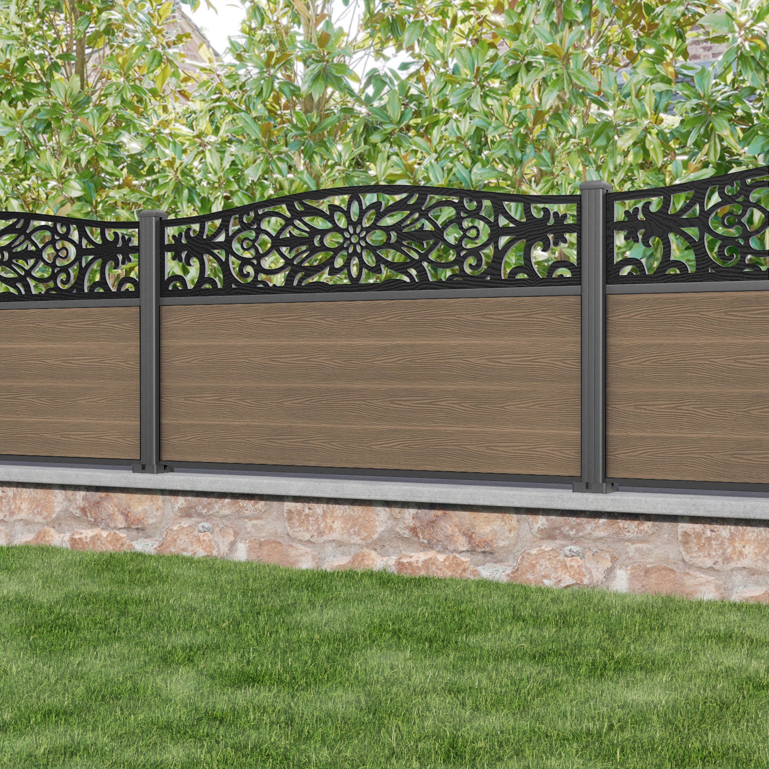 Classic Windsor Curved Top Fence Panel - Teak - with our aluminium posts