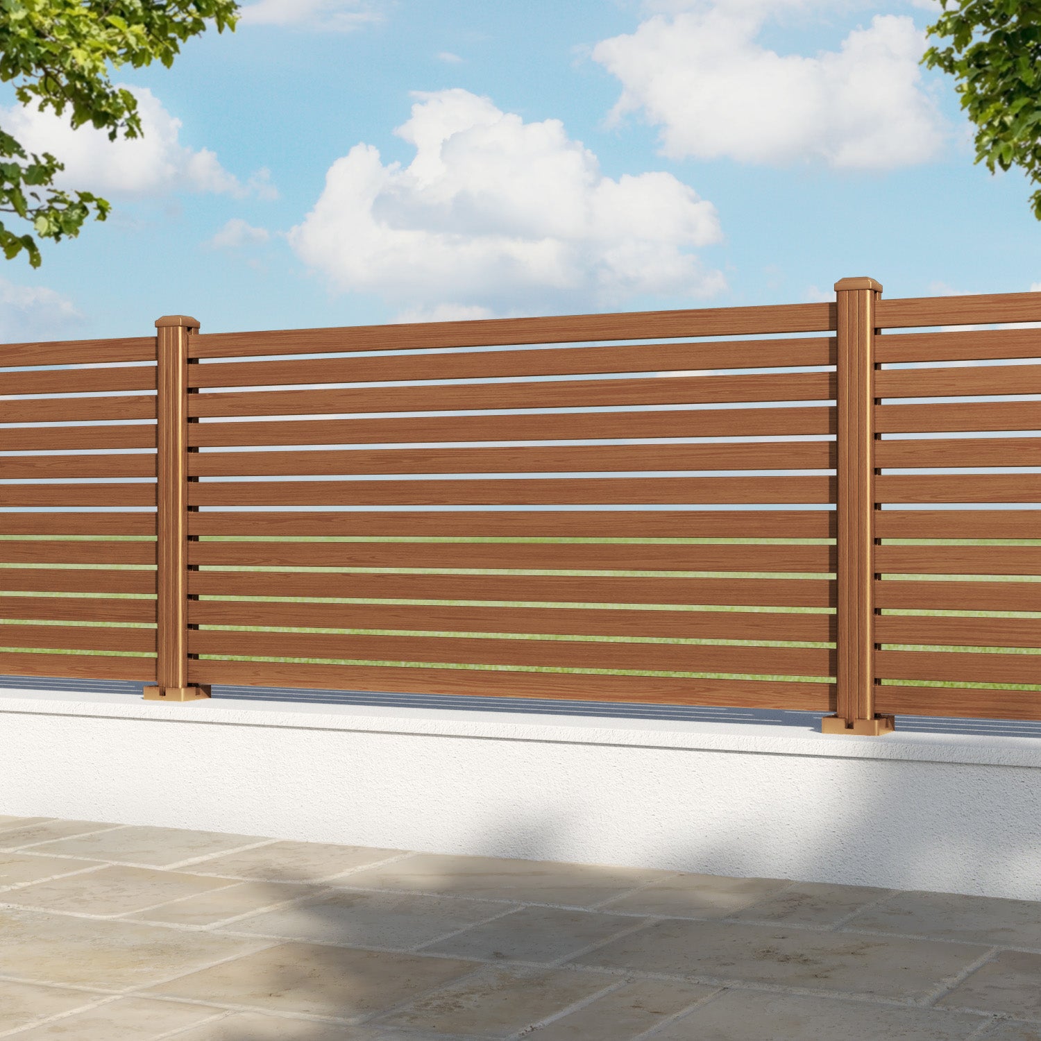 Aria Aluminium Fence Panel - Teak - with our aluminium posts