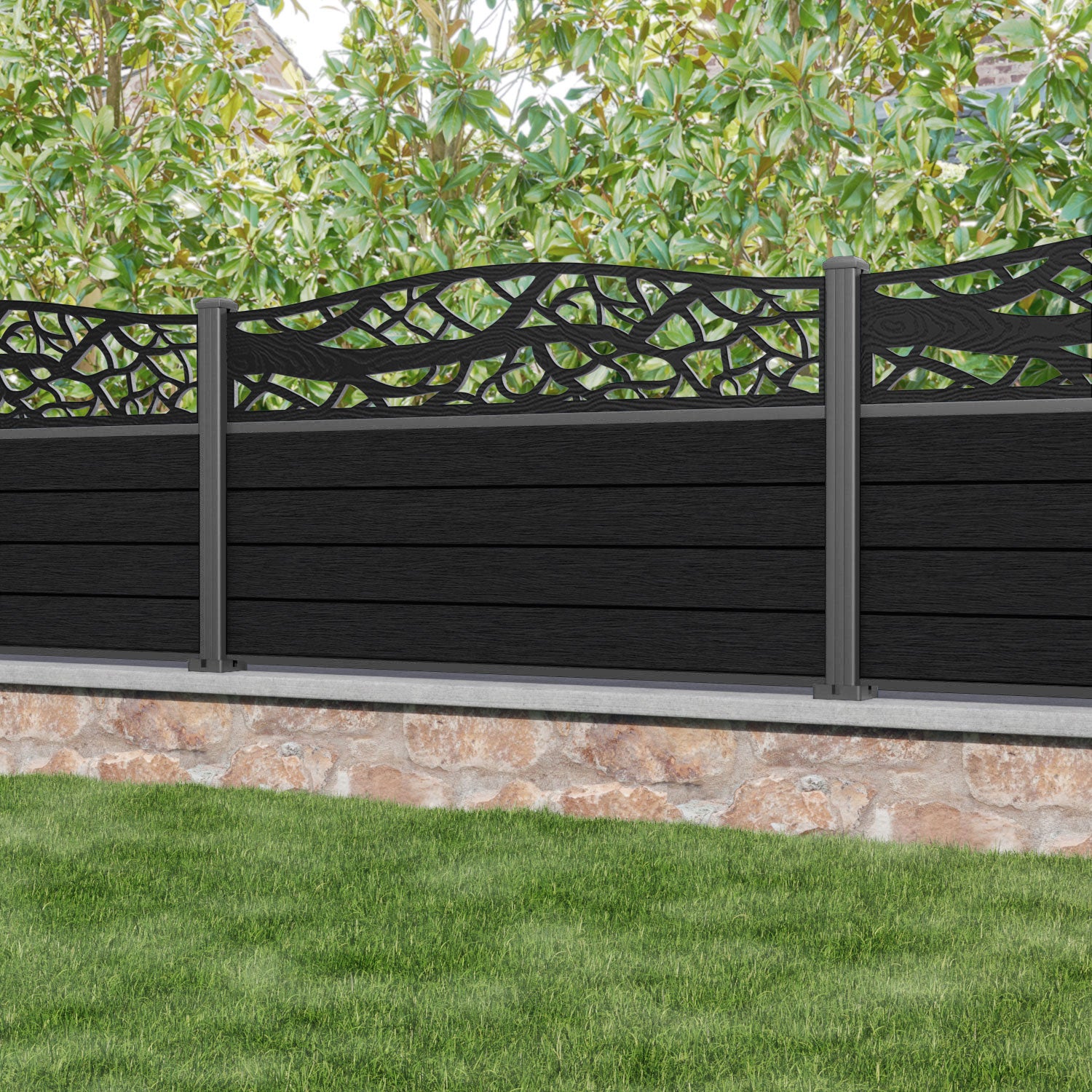 Fusion Twilight Curved Top Fence Panel - Black - with our aluminium posts