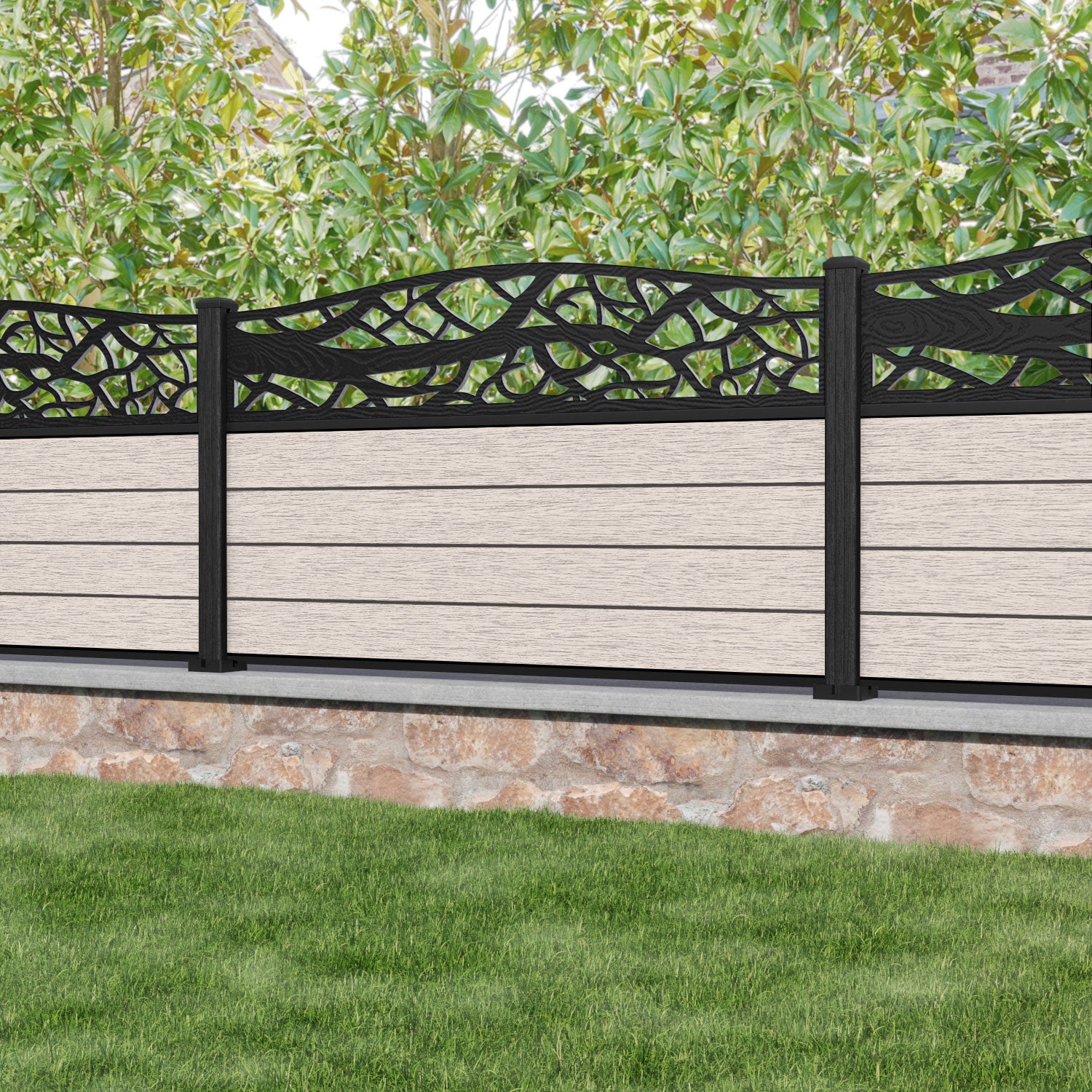 Fusion Twilight Curved Top Fence Panel - Mid Stone - with our composite posts
