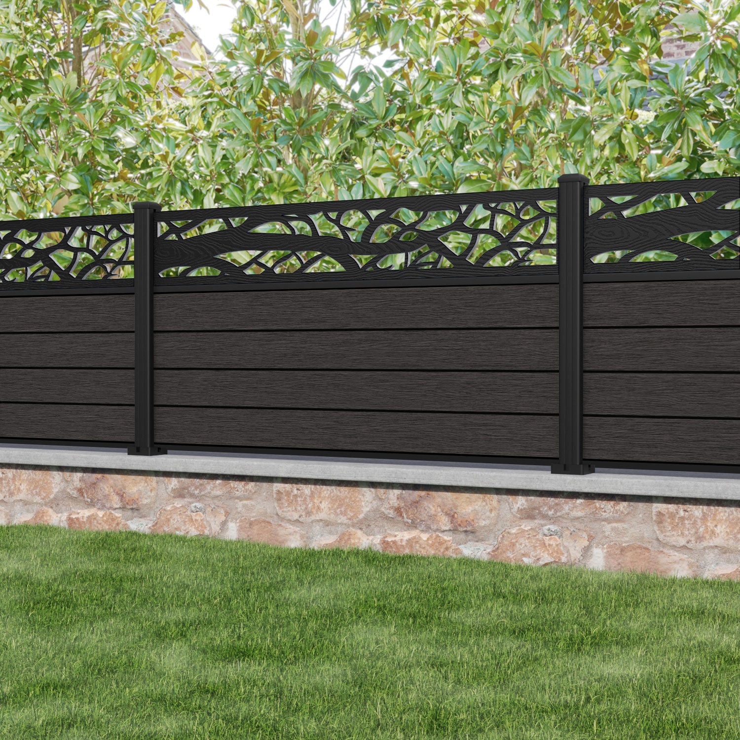 Fusion Twilight Fence Panel - Dark Oak - with our aluminium posts