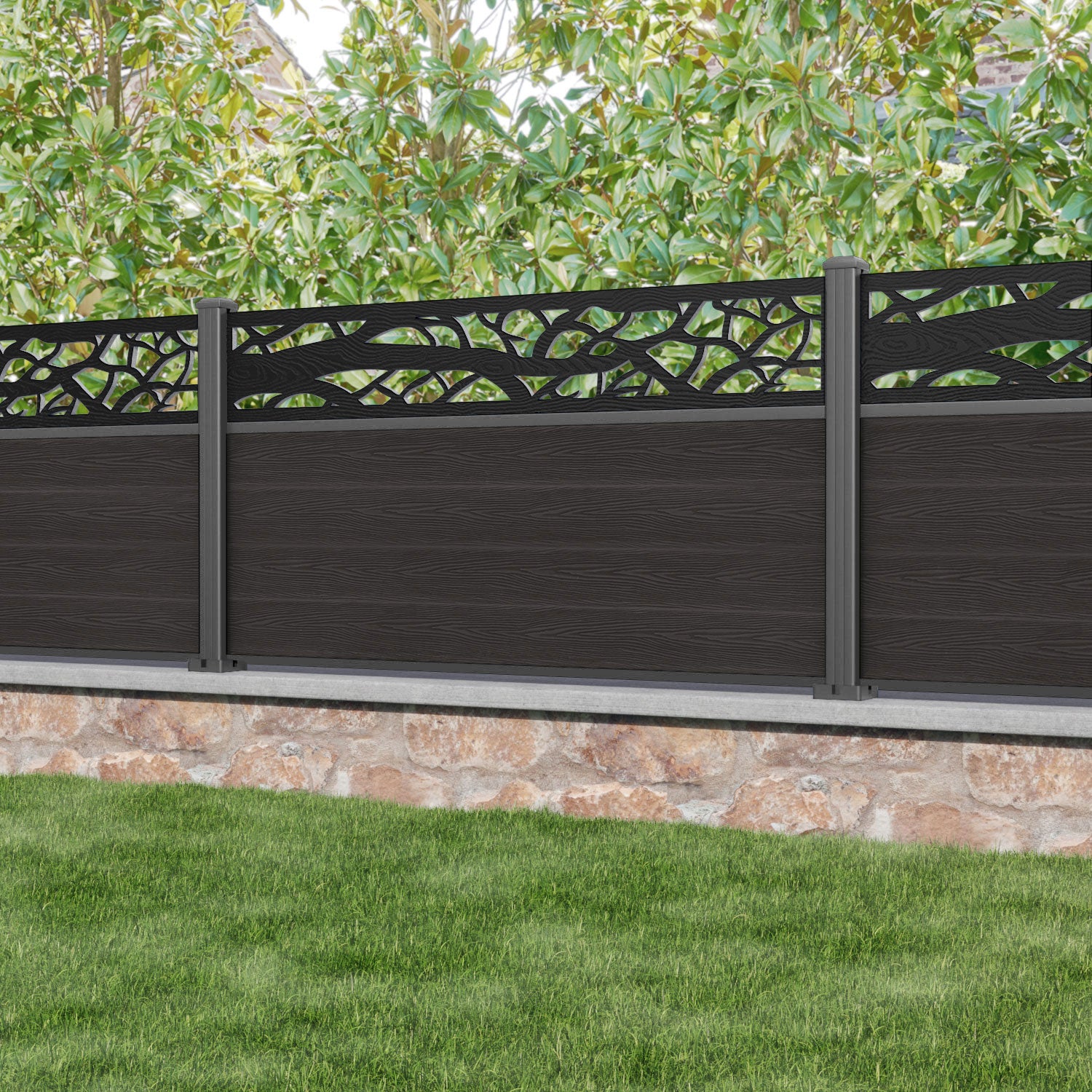 Classic Twilight Fence Panel - Dark Oak - with our aluminium posts