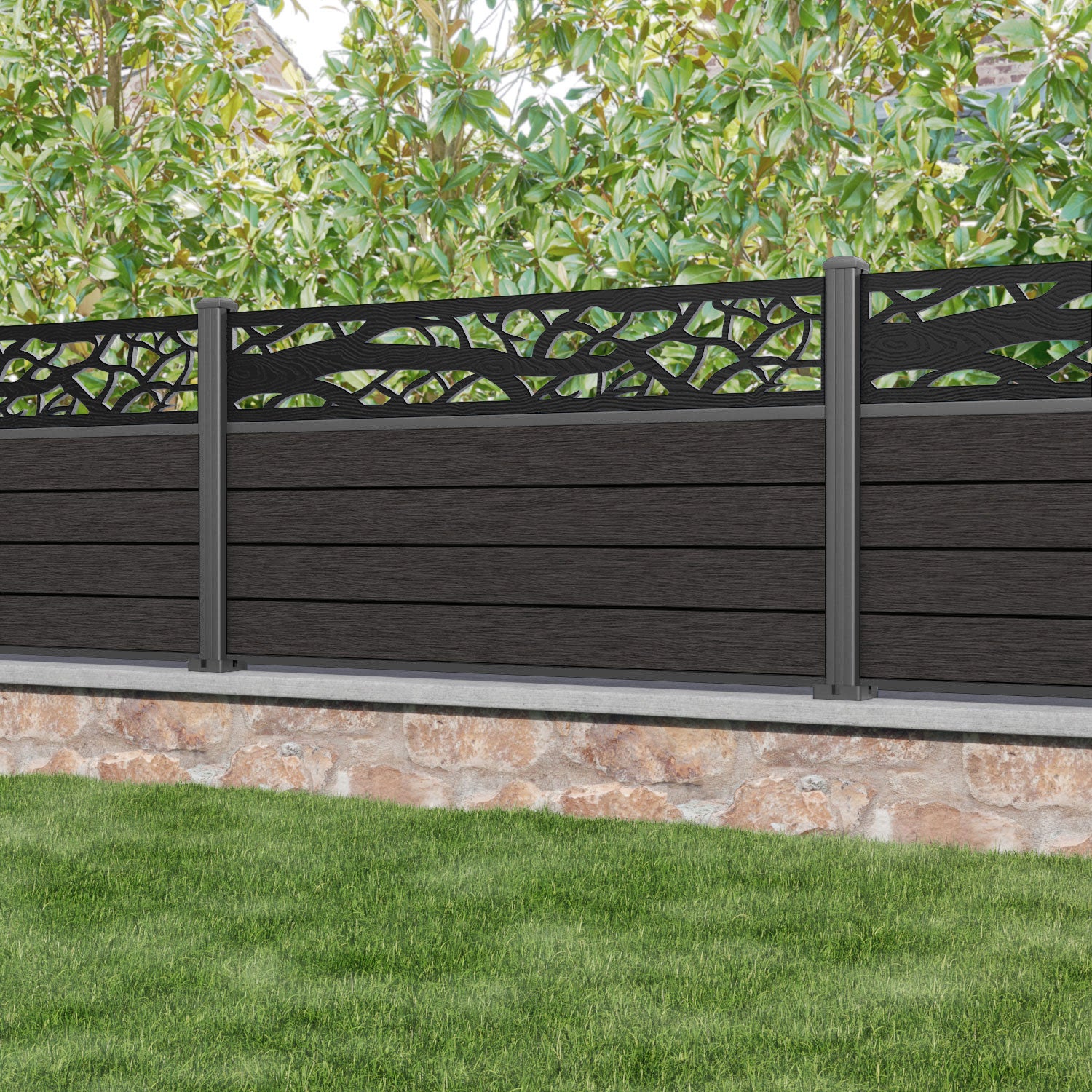 Fusion Twilight Fence Panel - Dark Oak - with our aluminium posts